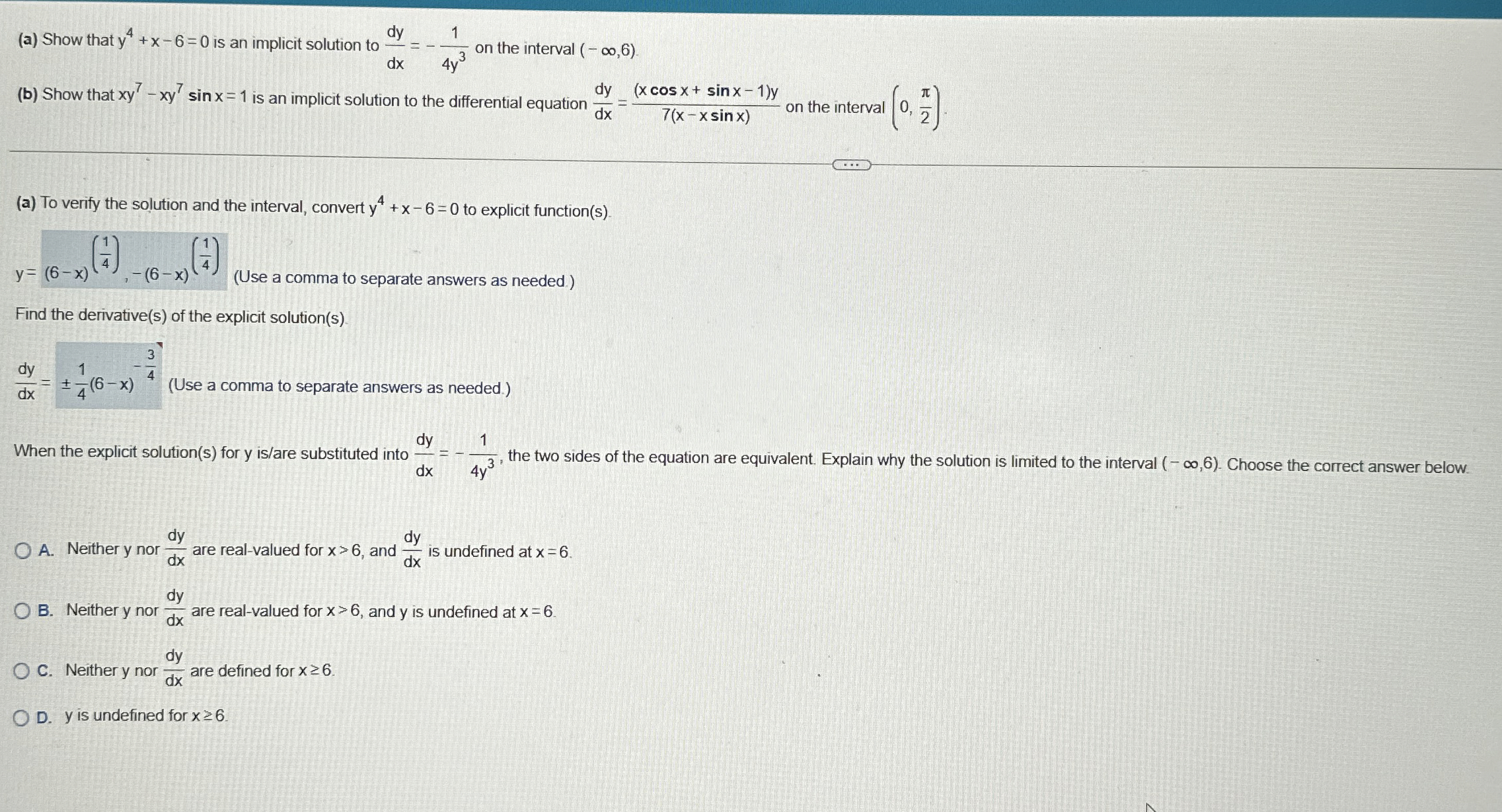 ( a ) Show that y 4 + x - 6 = 0 is an implicit