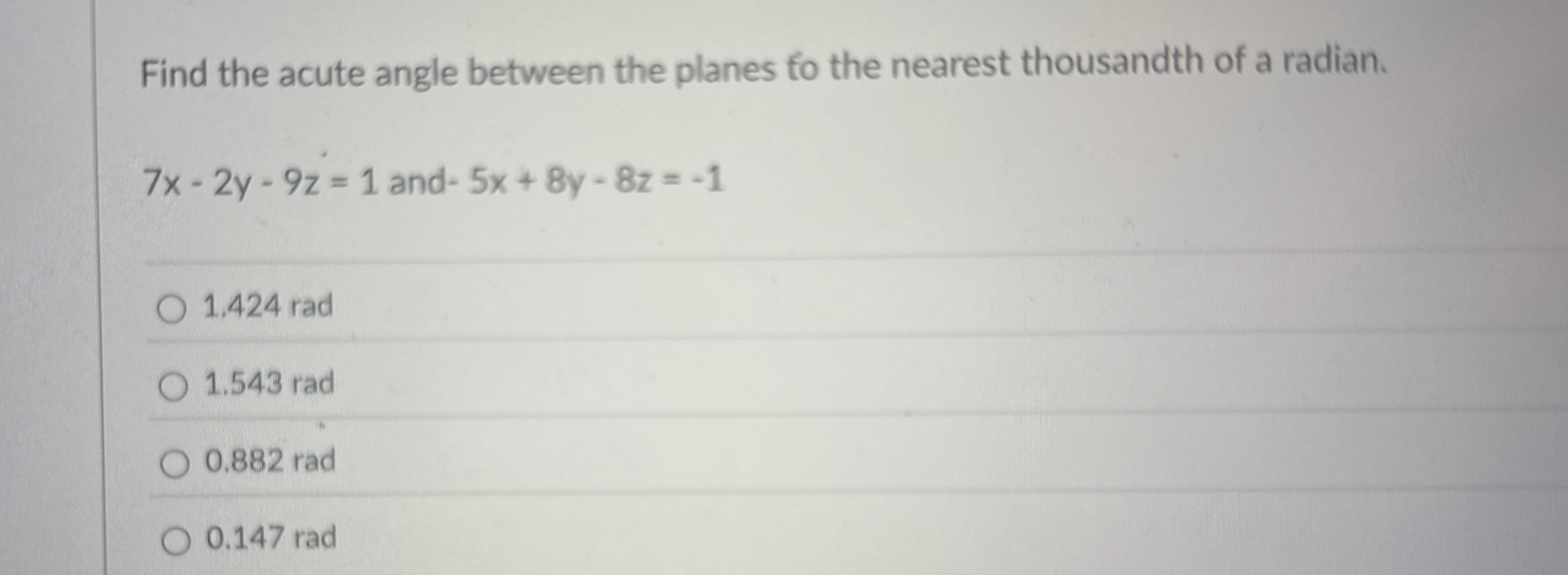Find the acute angle between the planes fo the