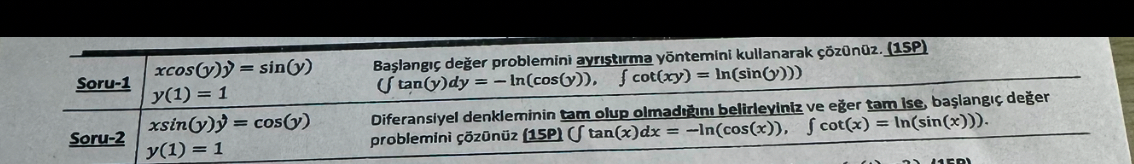x c o s ( y ) = s i n ( y ) , y ( 1 ) = 1 , Ba