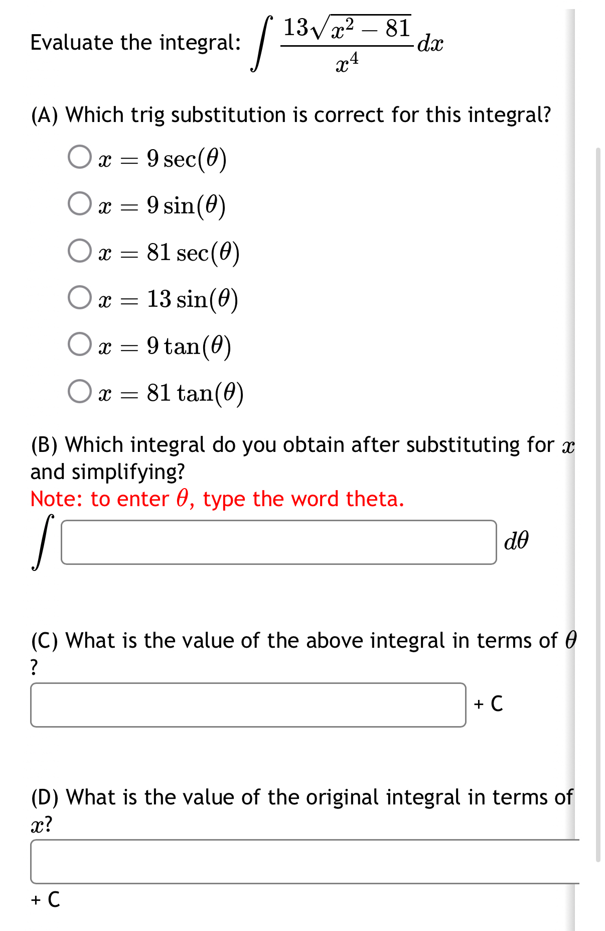 Evaluate the integral: 1 3 x 2 - 8 1 2 x 4 d x (