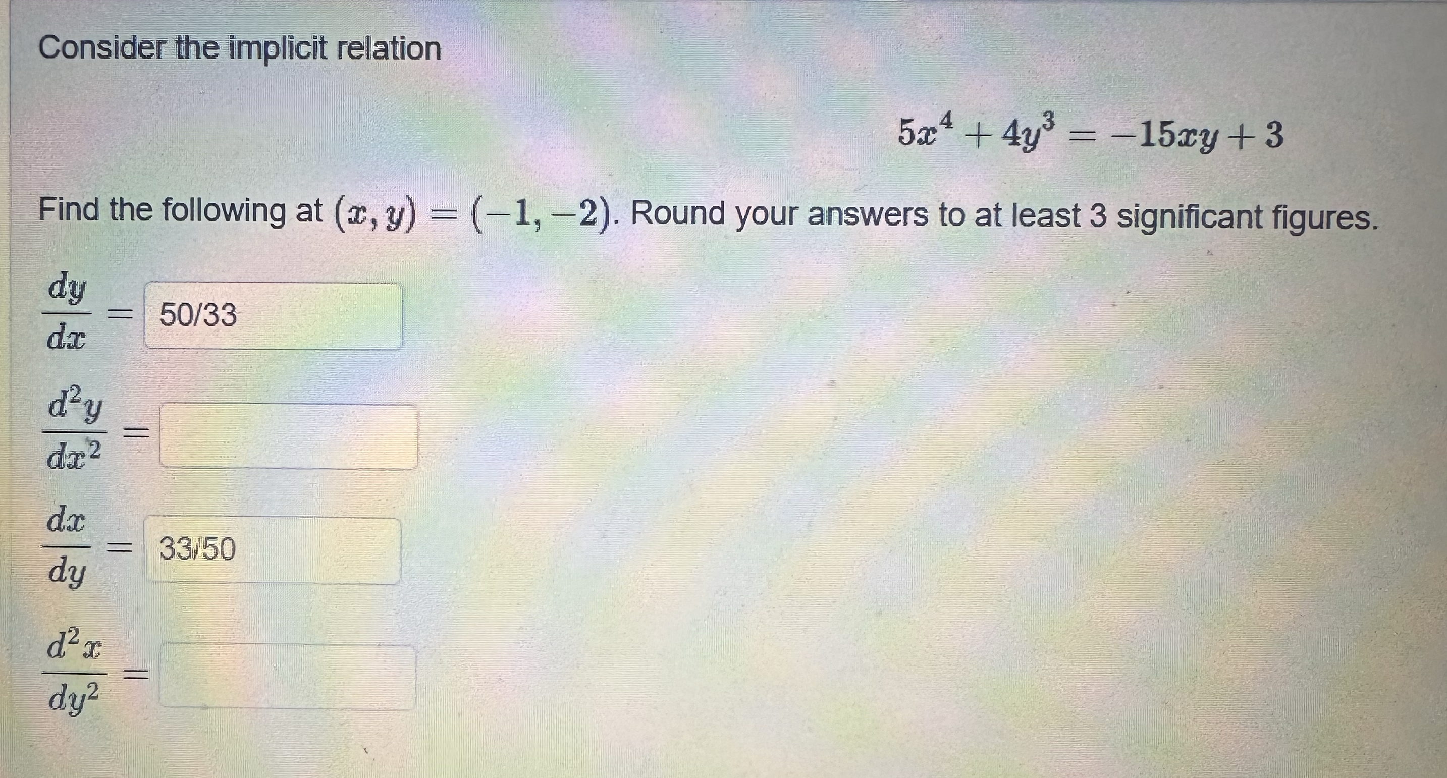 Consider the implicit relation 5 x 4 4 y 3 = - 1