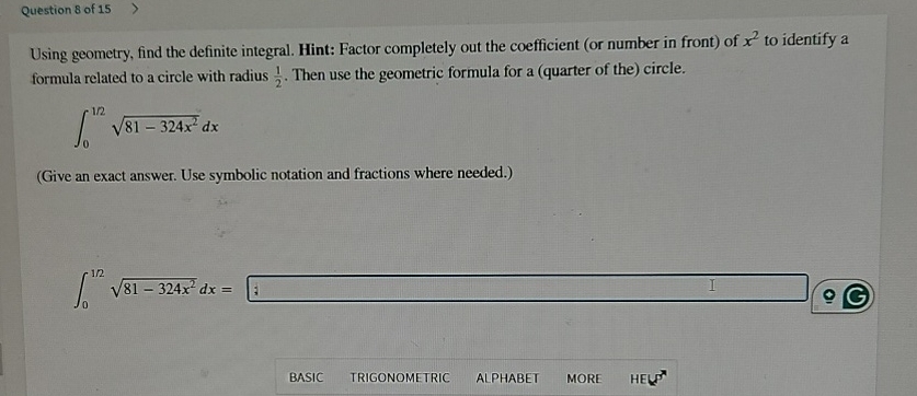 Question 8 of 1 5 Using geometry, find the