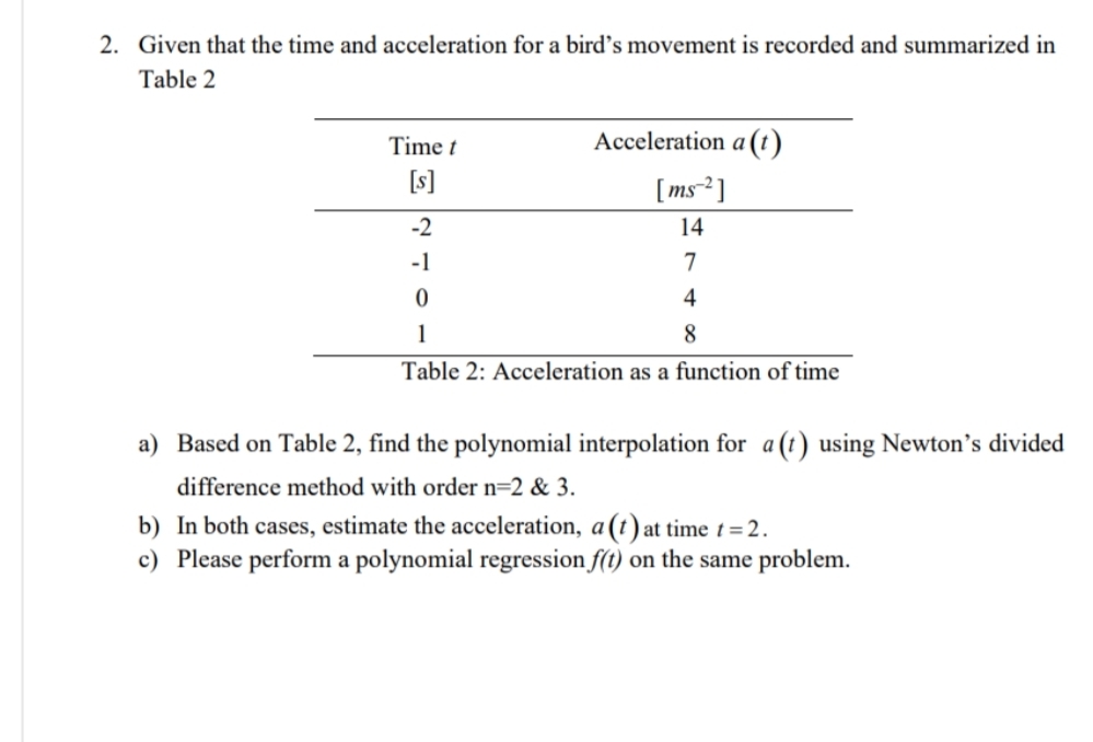 Given that the time and acceleration for a bird's