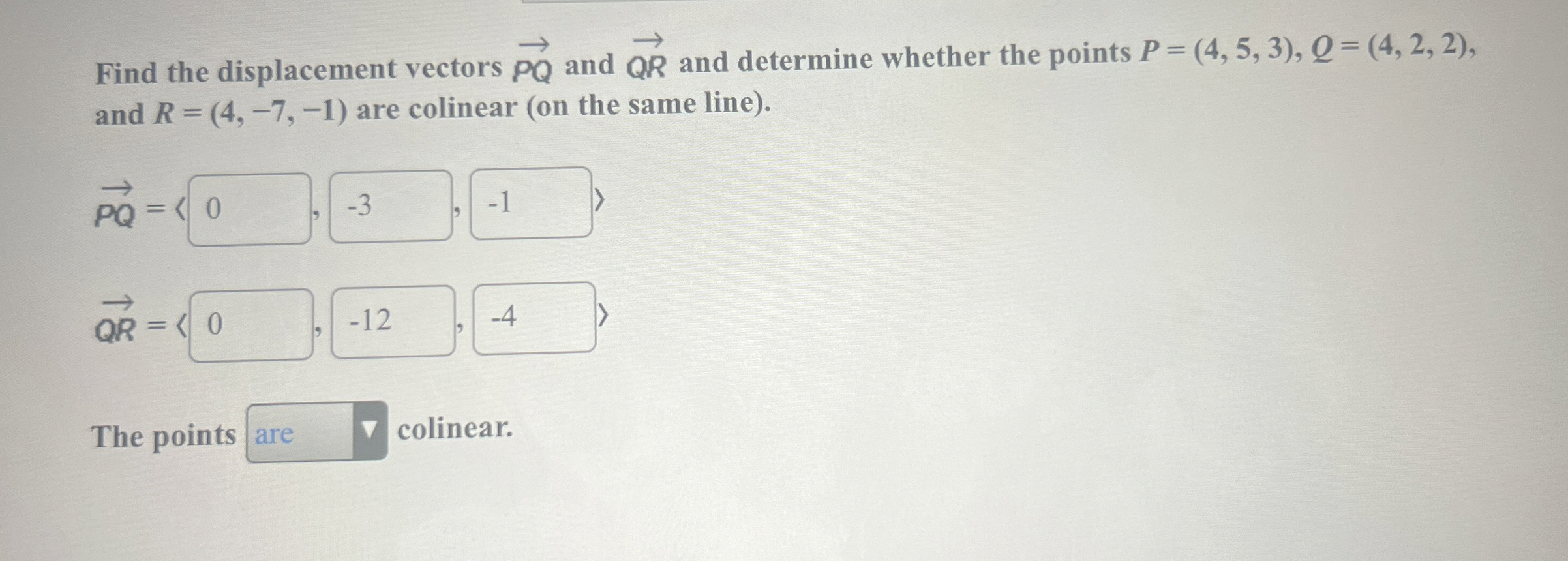 Find the displacement vectors vec ( P Q ) and vec