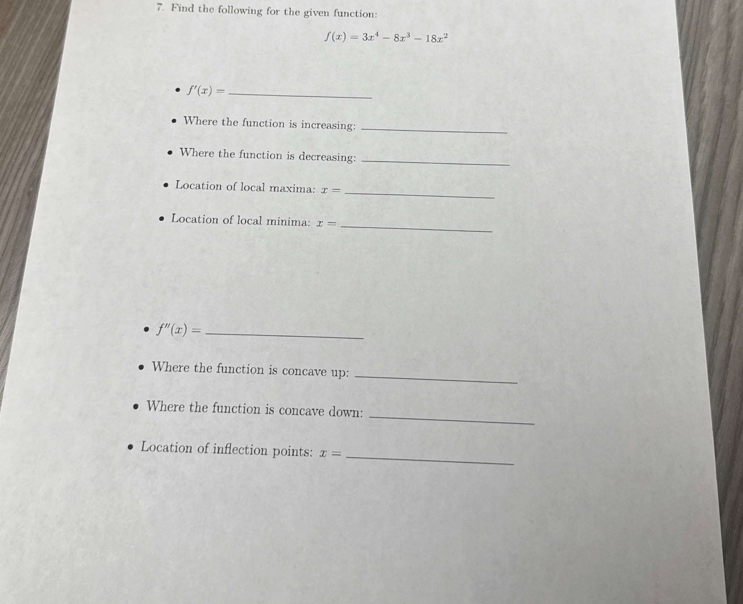Find the following for the given function: f ( x