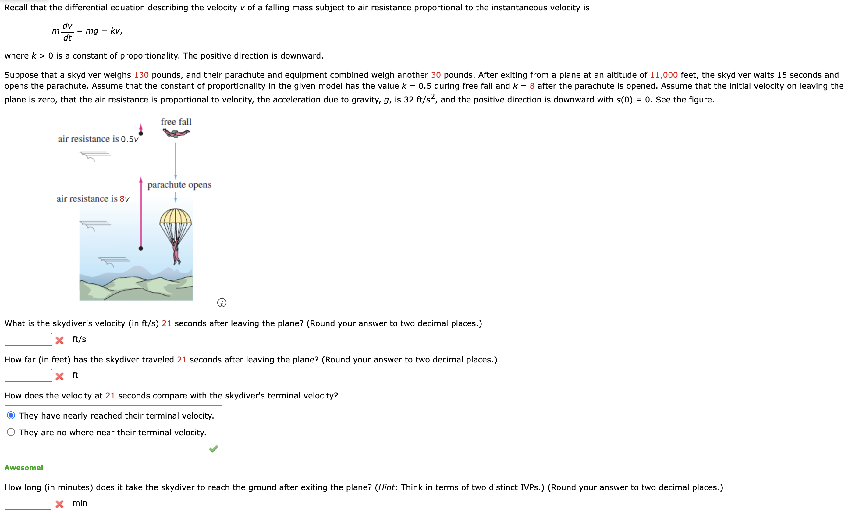 m ( dv ) / ( dt ) = mg - kv where k  style=