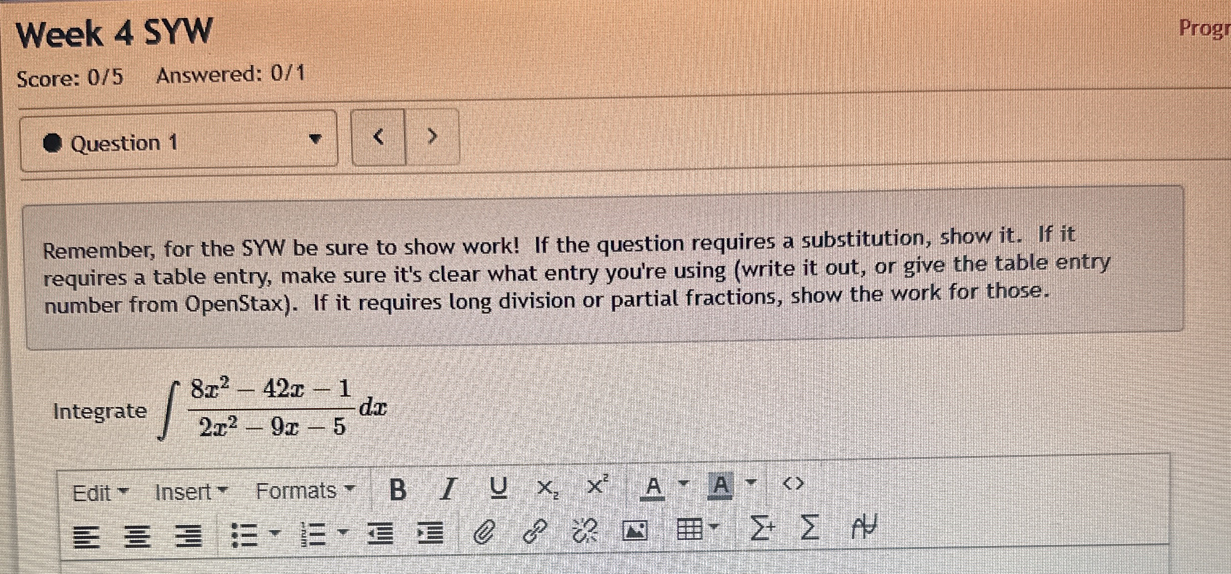 Week 4 SYW Progr Score: 0 / 5 Answered: 0 / 1