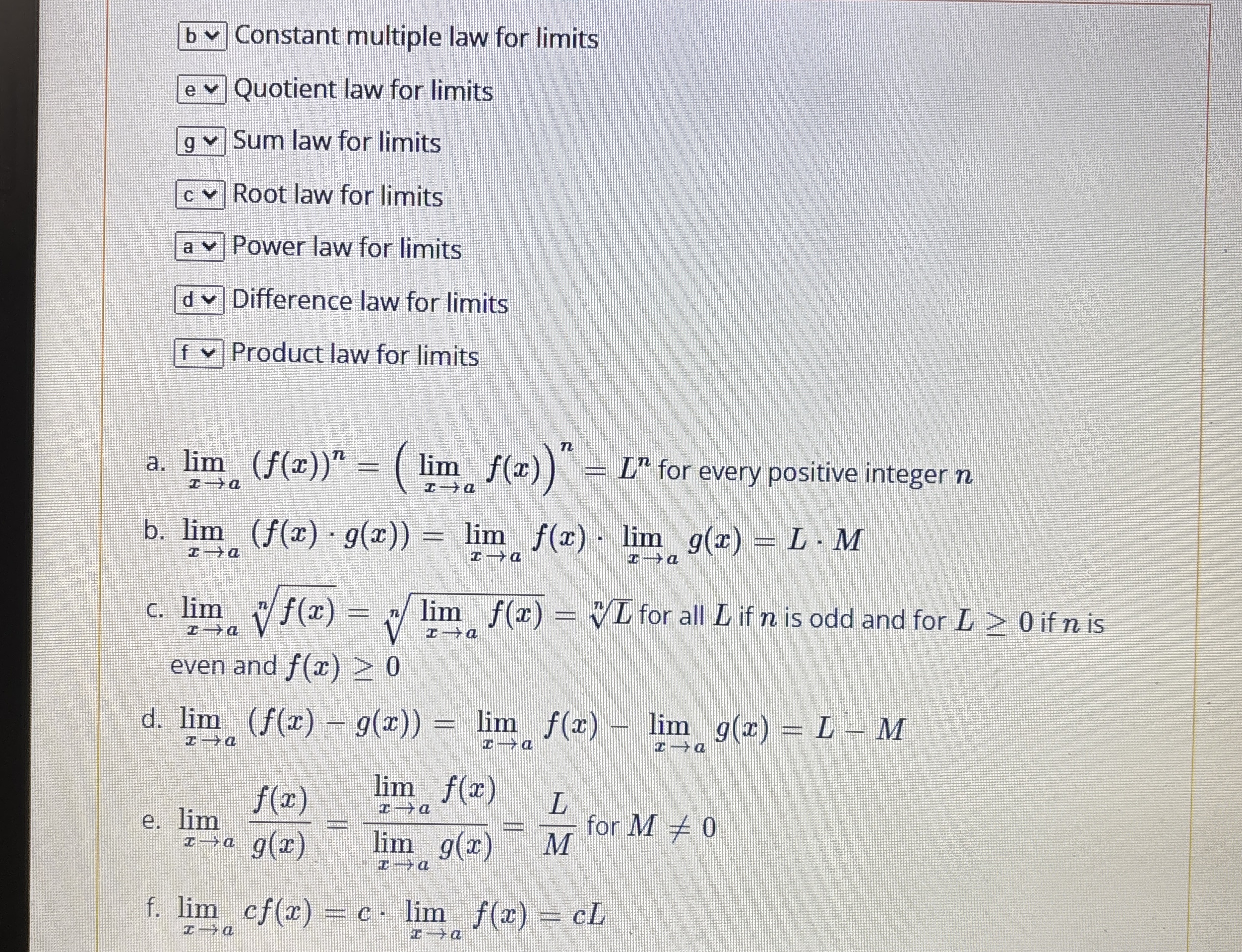 b v v Constant multiple law for limits e v v