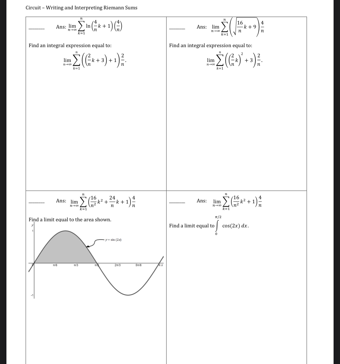 Circuit - Writing and Interpreting Riemann Sums
