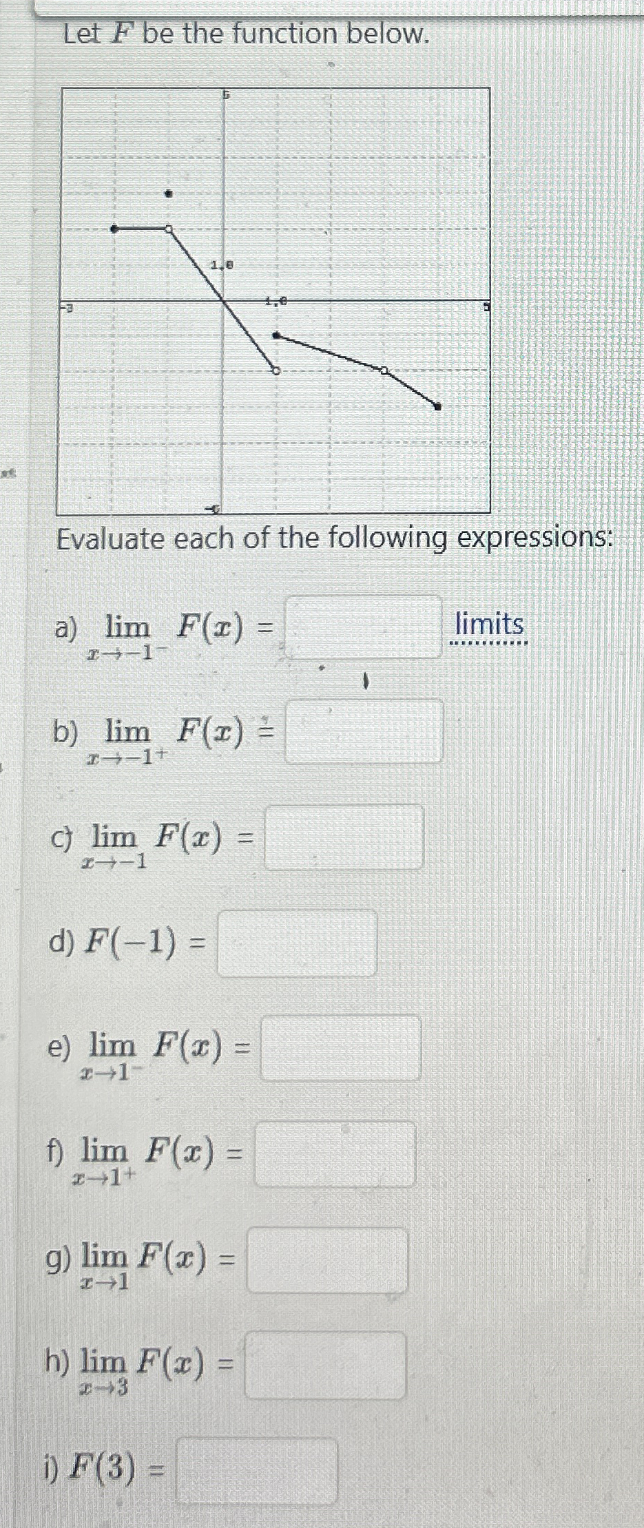 Let F be the function below. Evaluate each of the