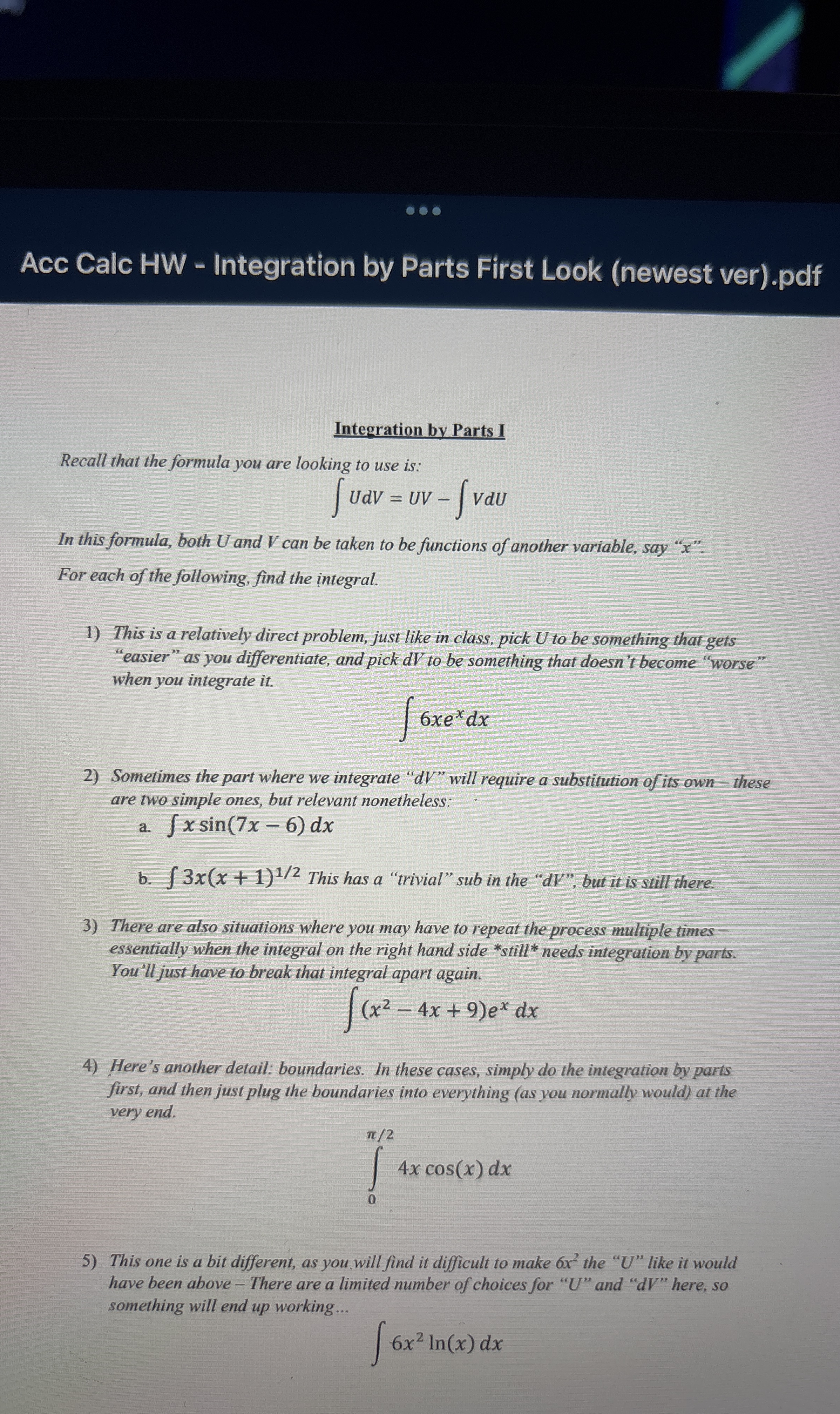 Can you solve these for me using the Integral UdV
