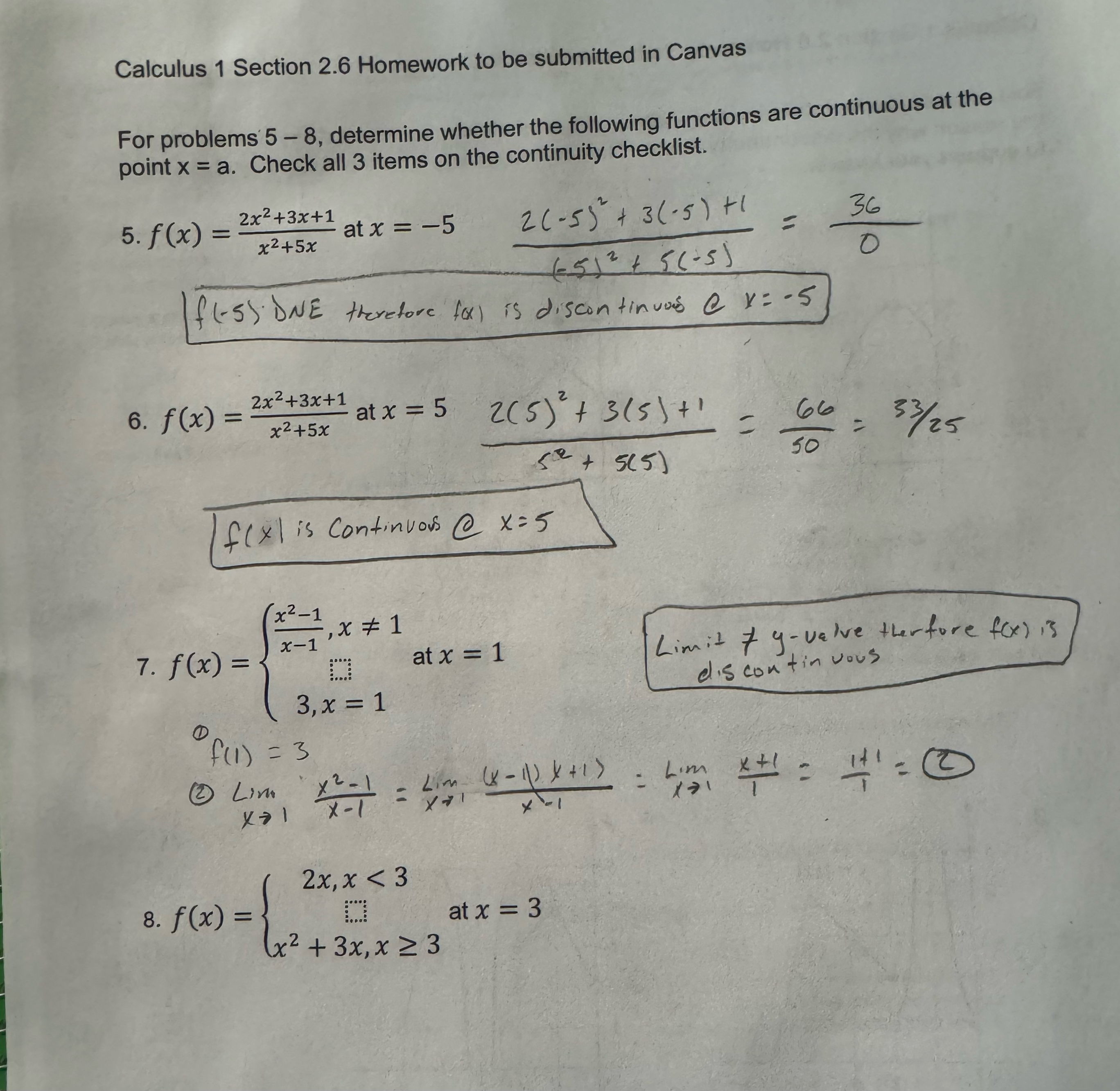 Calculus 1 Section 2 . 6 Homework to be submitted