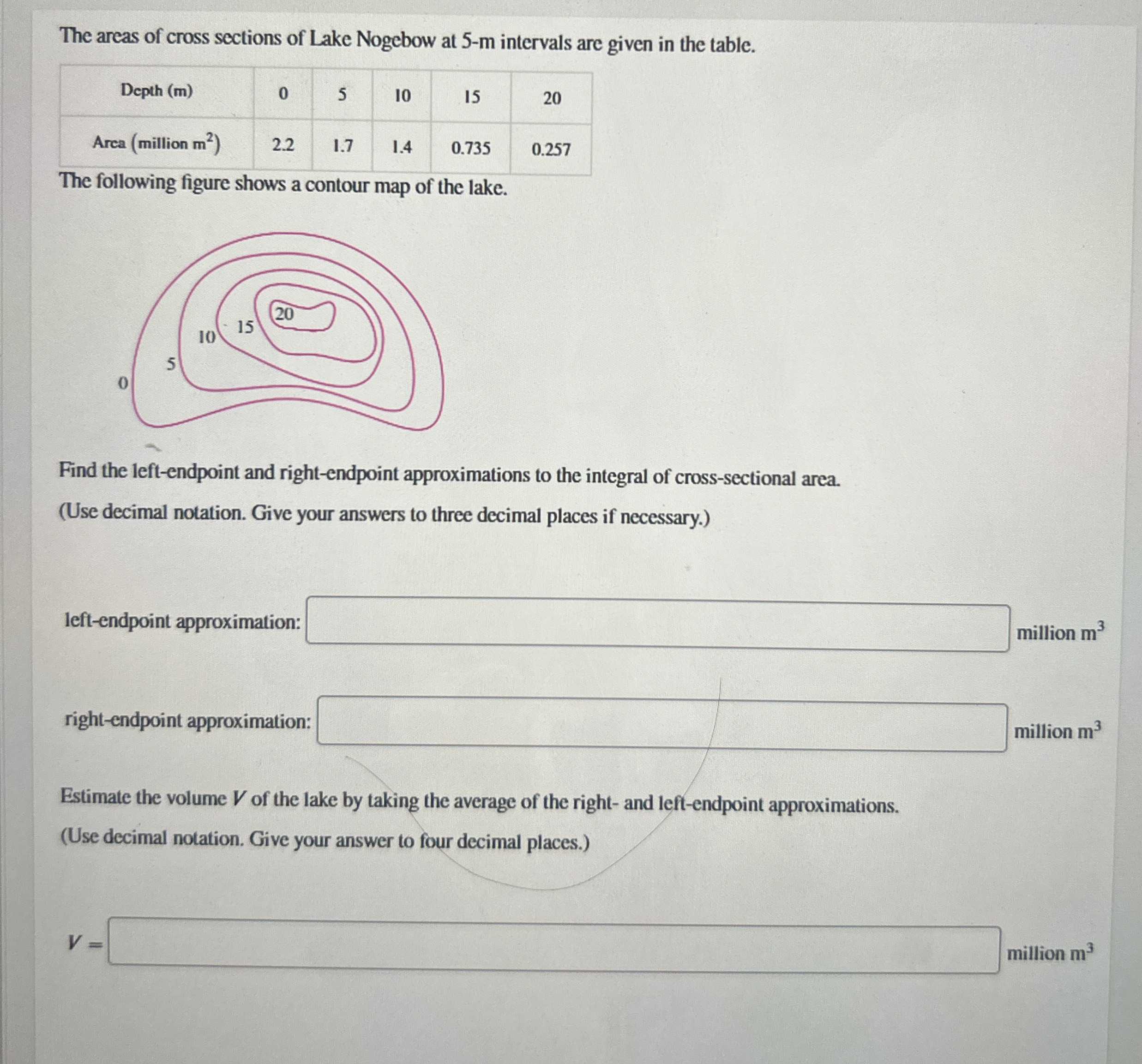 The areas of cross sections of Lake Nogebow at 5