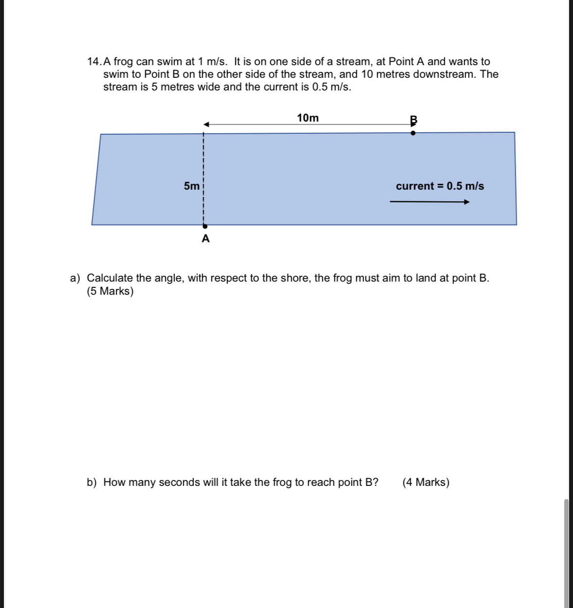 A frog can swim at 1 m s . It is on one side of a
