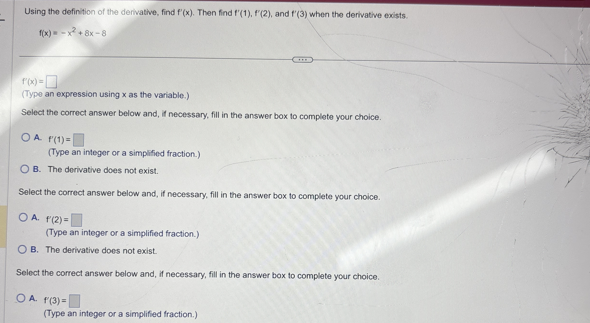 Using the definition of the derivative, find f '