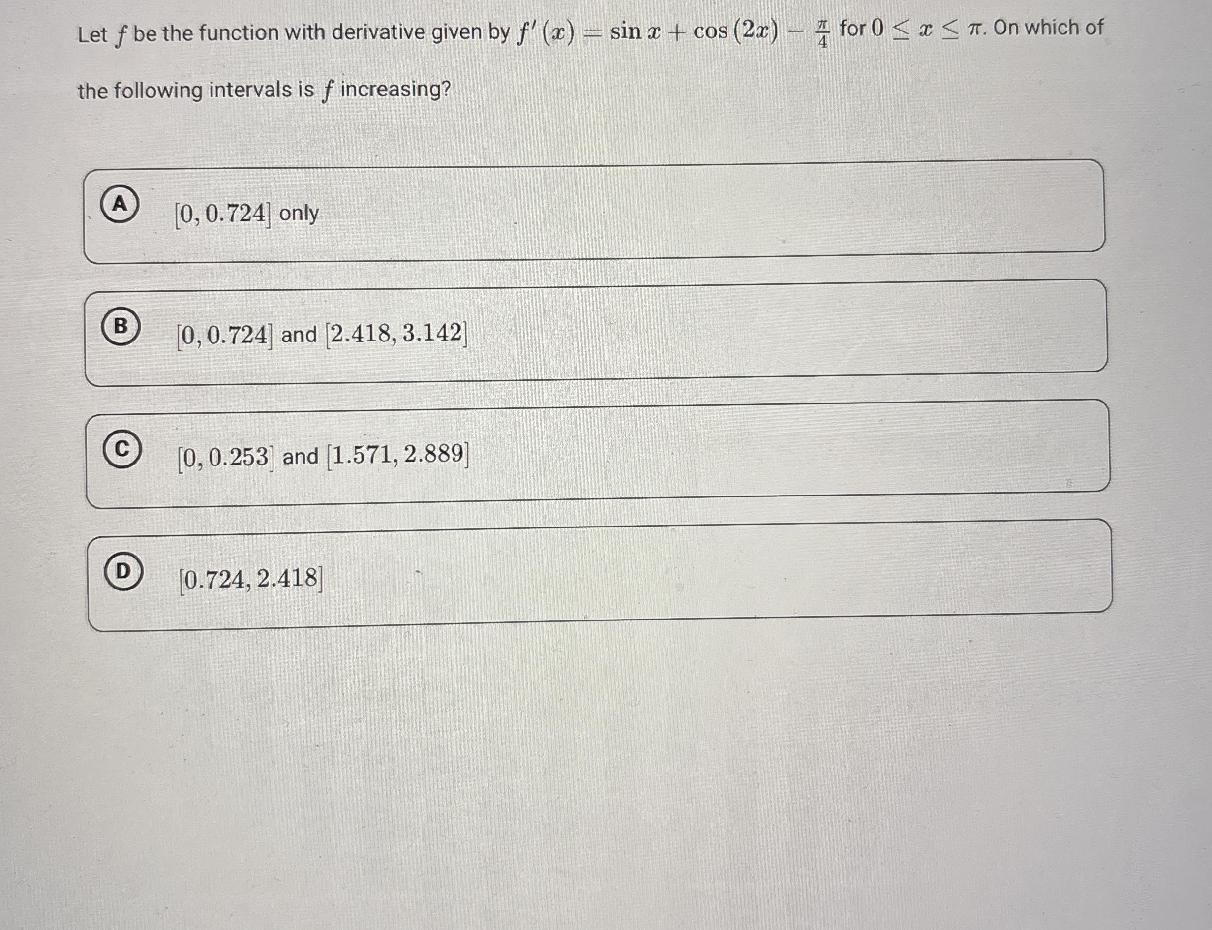 Let f be the function with derivative given by f