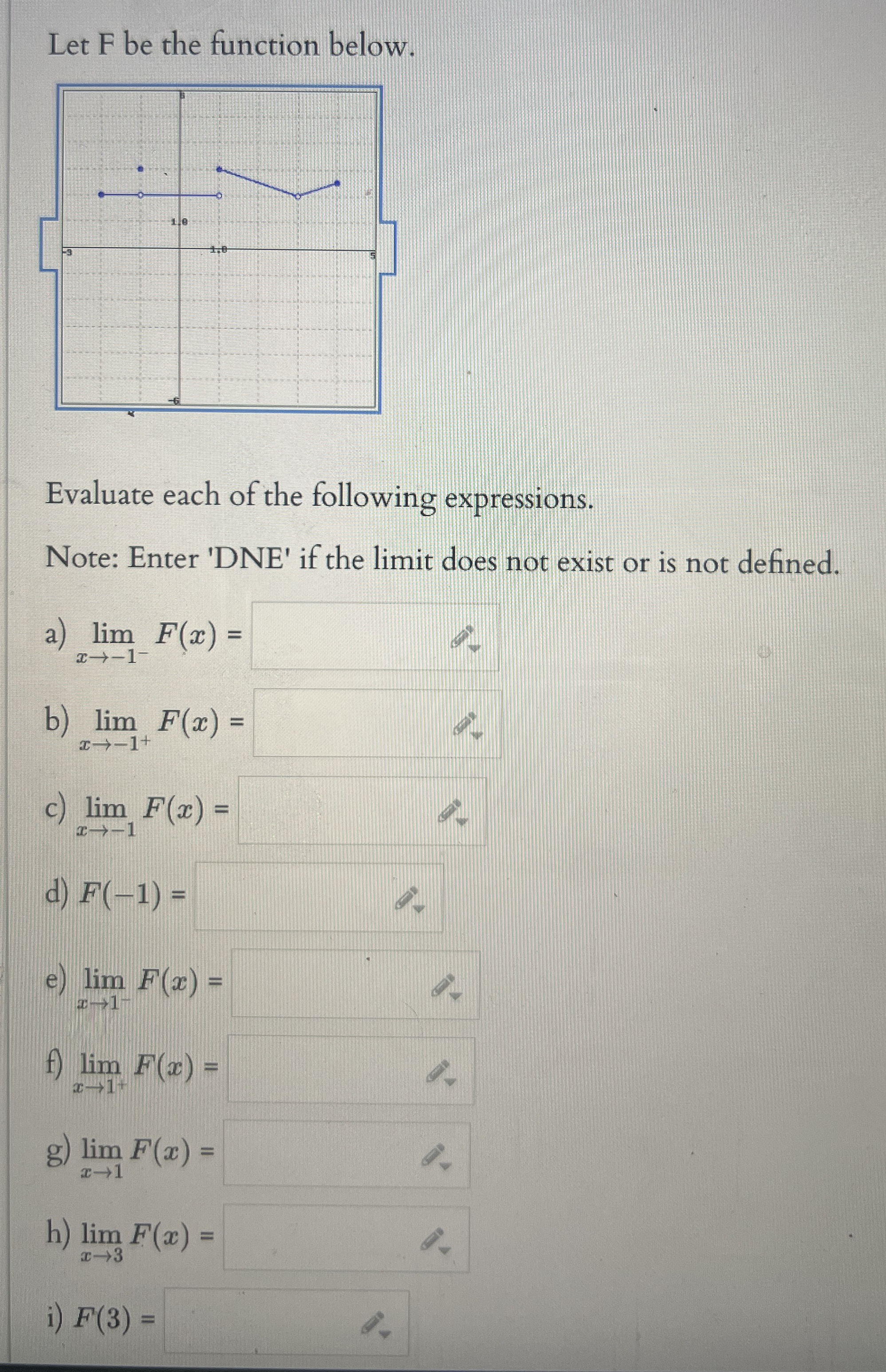 Let F be the function below. Evaluate each of the