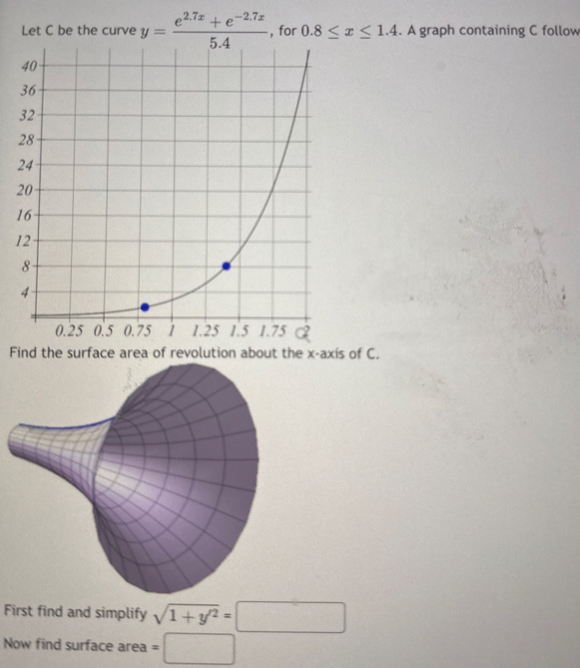 Let C be the curve y = e 2 . 7 x + e - 2 . 7 x 5