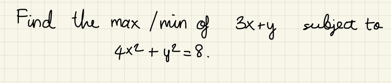 Find the max / min of 3 x + y subject to 4 x 2 +