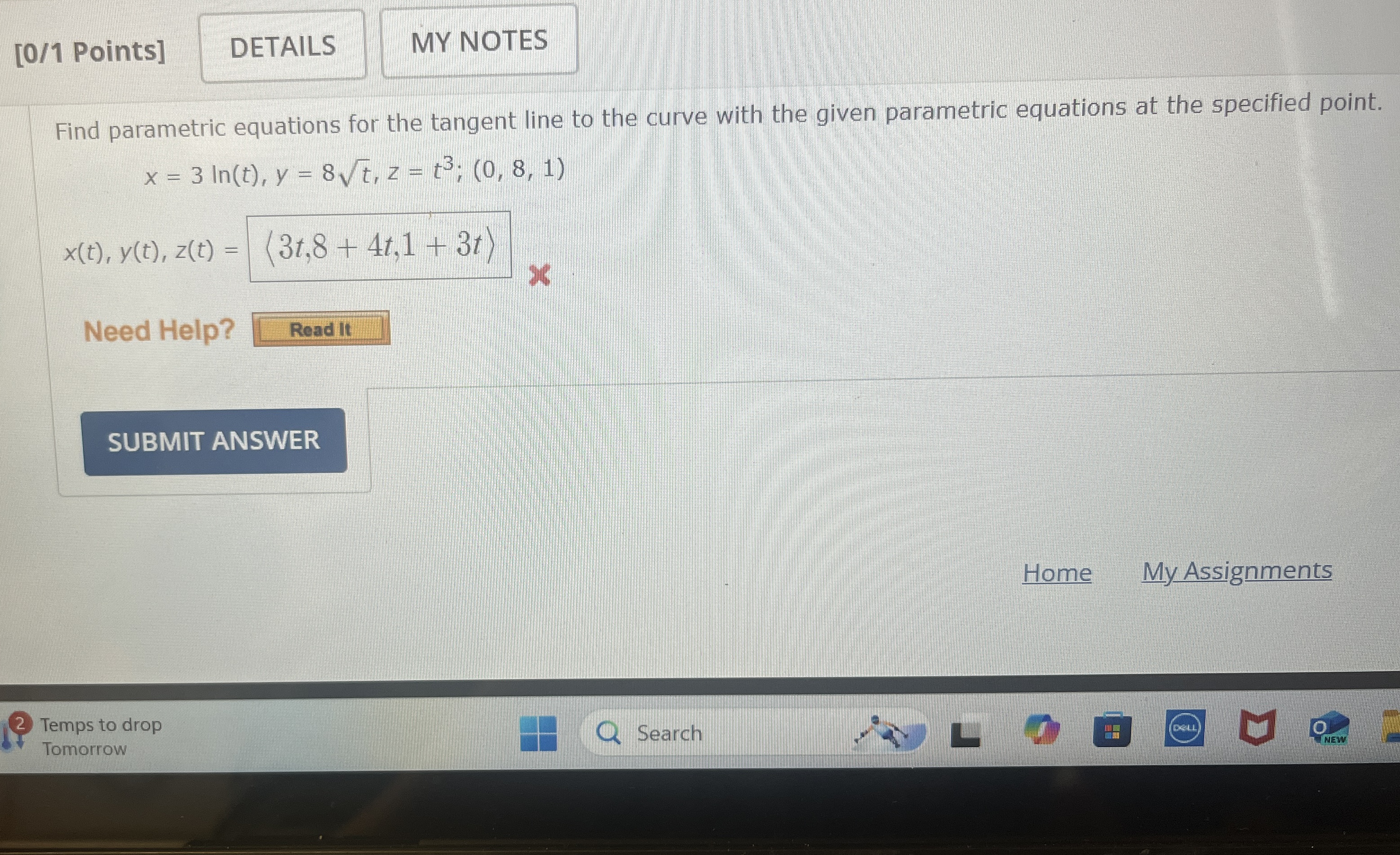 [ 0 / 1 Points ] Find parametric equations for