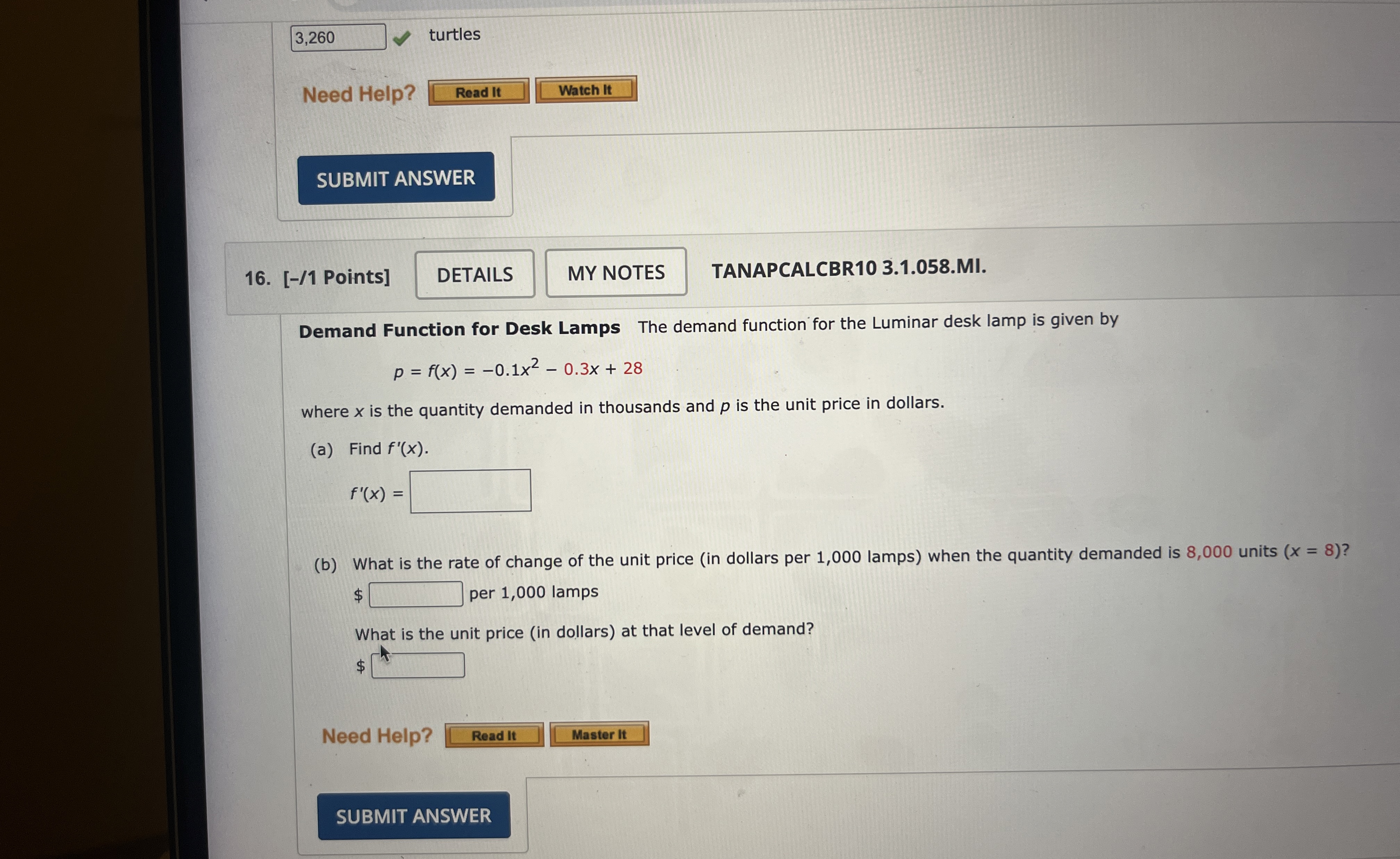 3 , 2 6 0 turtles Need Help? 1 6 . [ - / 1 Points