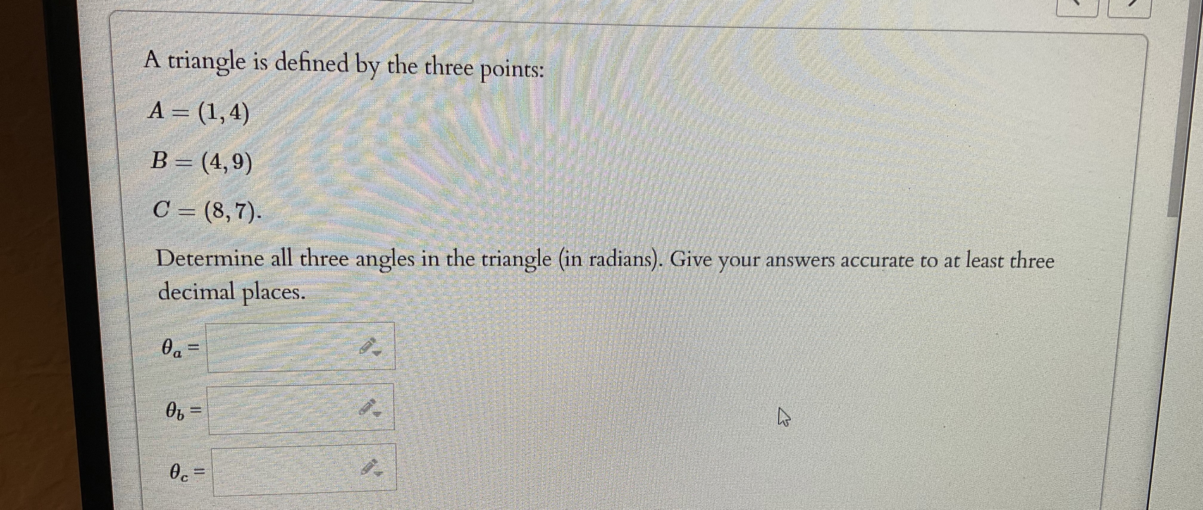 A triangle is defined by the three points:A = ( 1