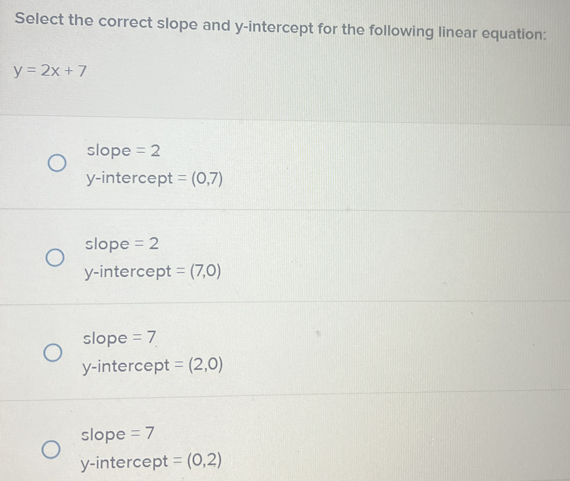 Select the correct slope and y - intercept for
