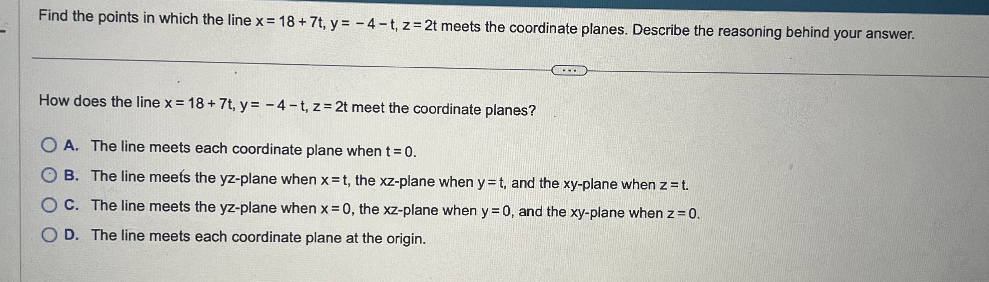 Find the points in which the line x = 1 8 + 7 t ,
