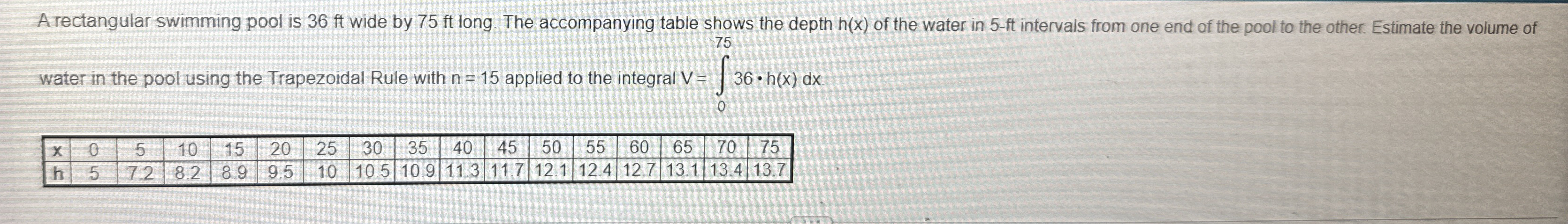 A rectangular swimming pool is 3 6 ft wide by 7 5