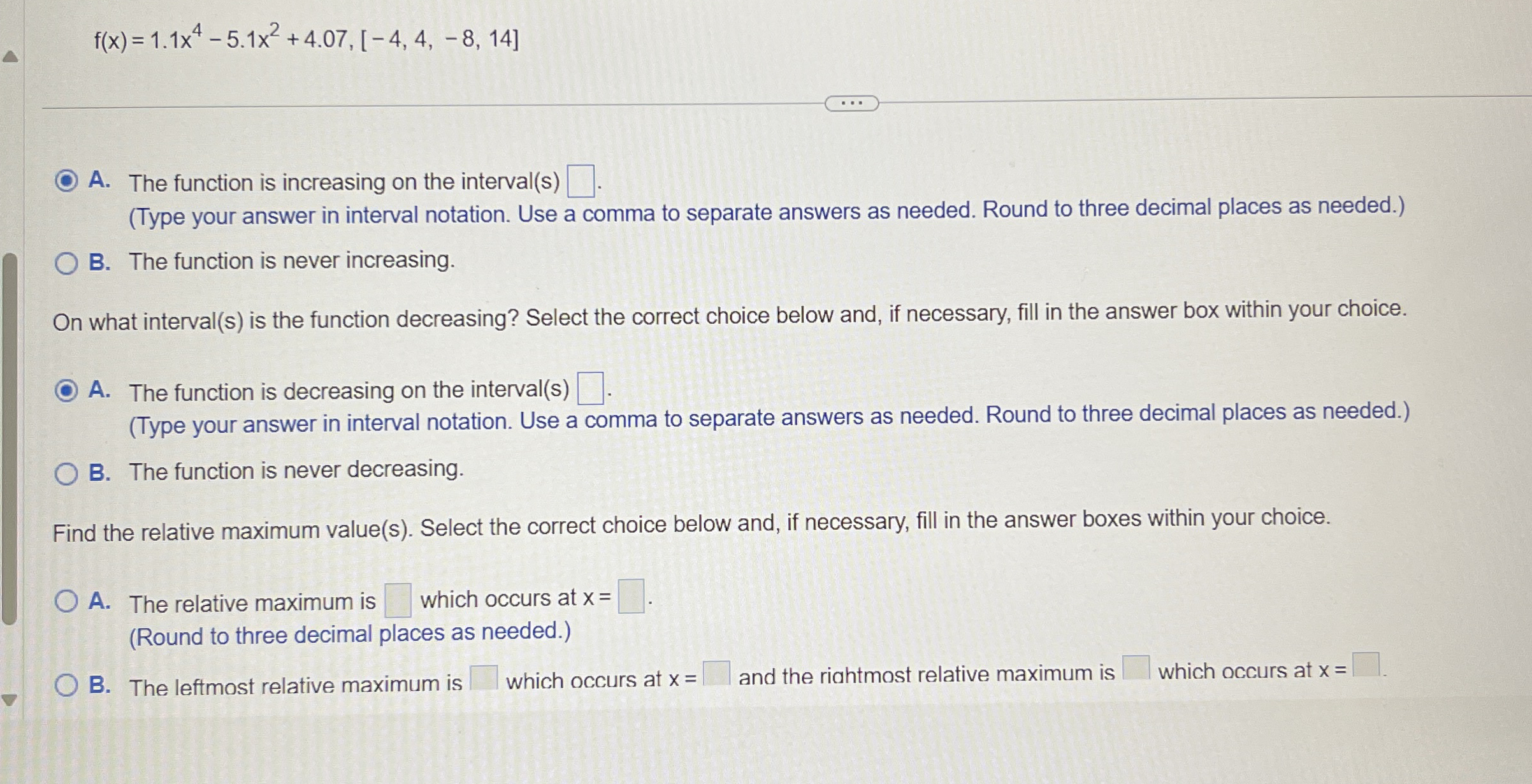 f ( x ) = 1 . 1 x 4 - 5 . 1 x 2 + 4 . 0 7 , [ - 4