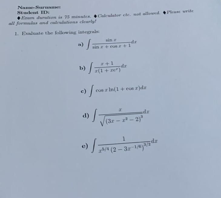 Name - Surname: Student ID: Exam duration is 7 5