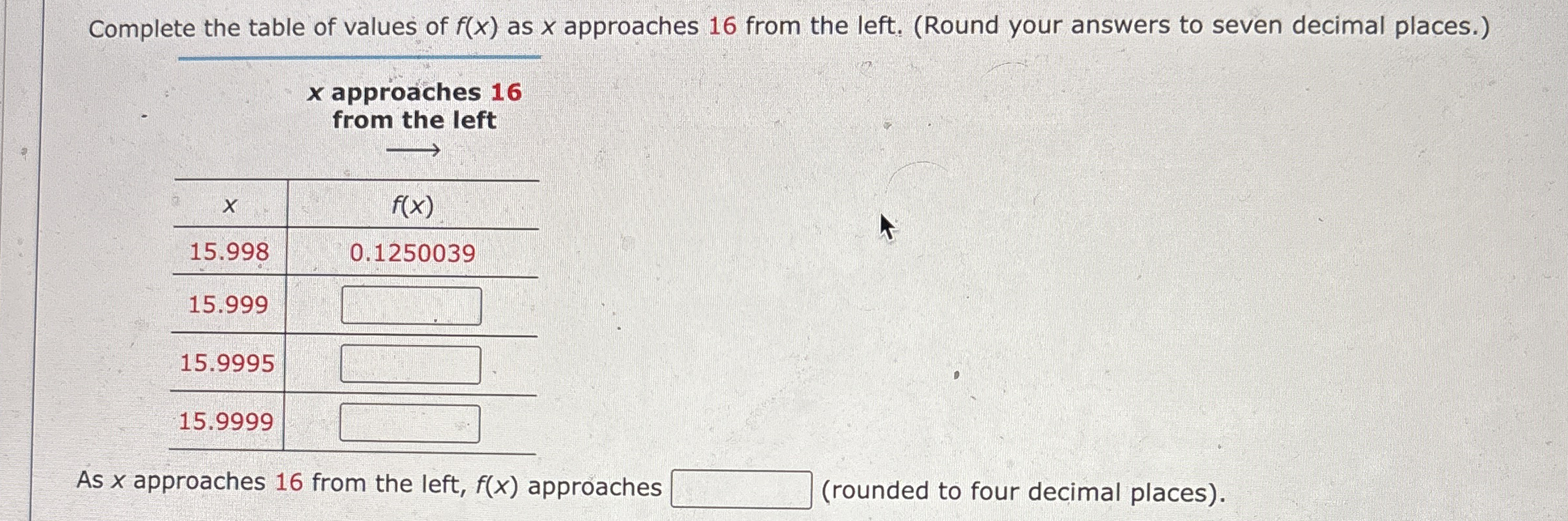 Complete the table of values of f ( x ) as x