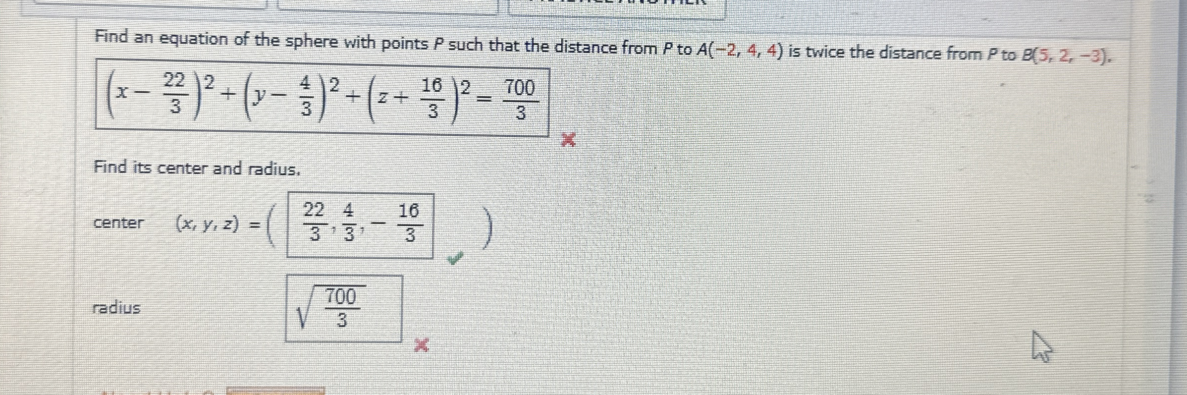 Find an equation of the sphere with points P such