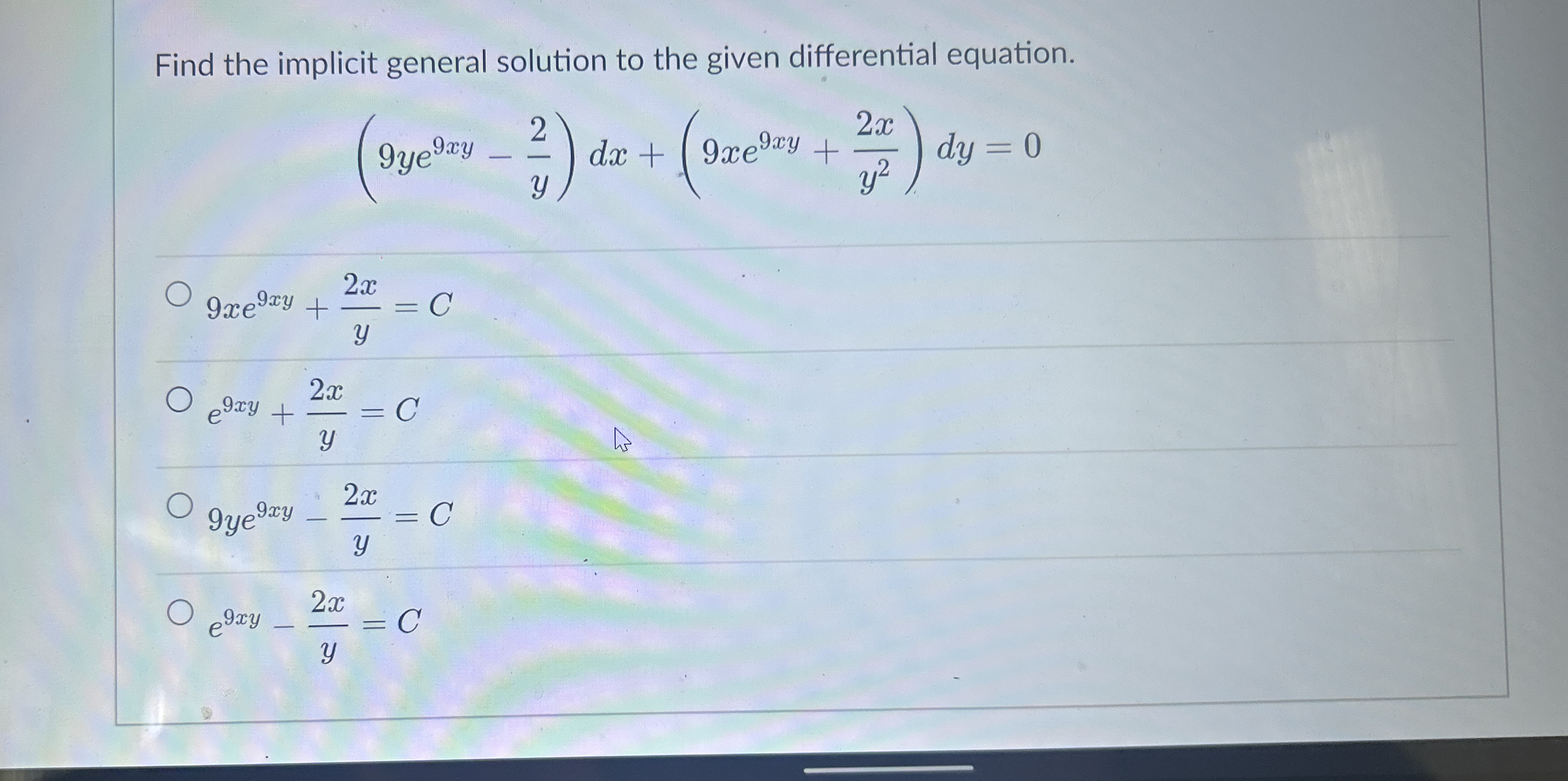Find the implicit general solution to the given