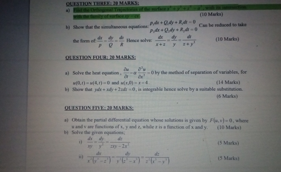 OUESTION THREE: 2 0 MARKS: a ) Find the
