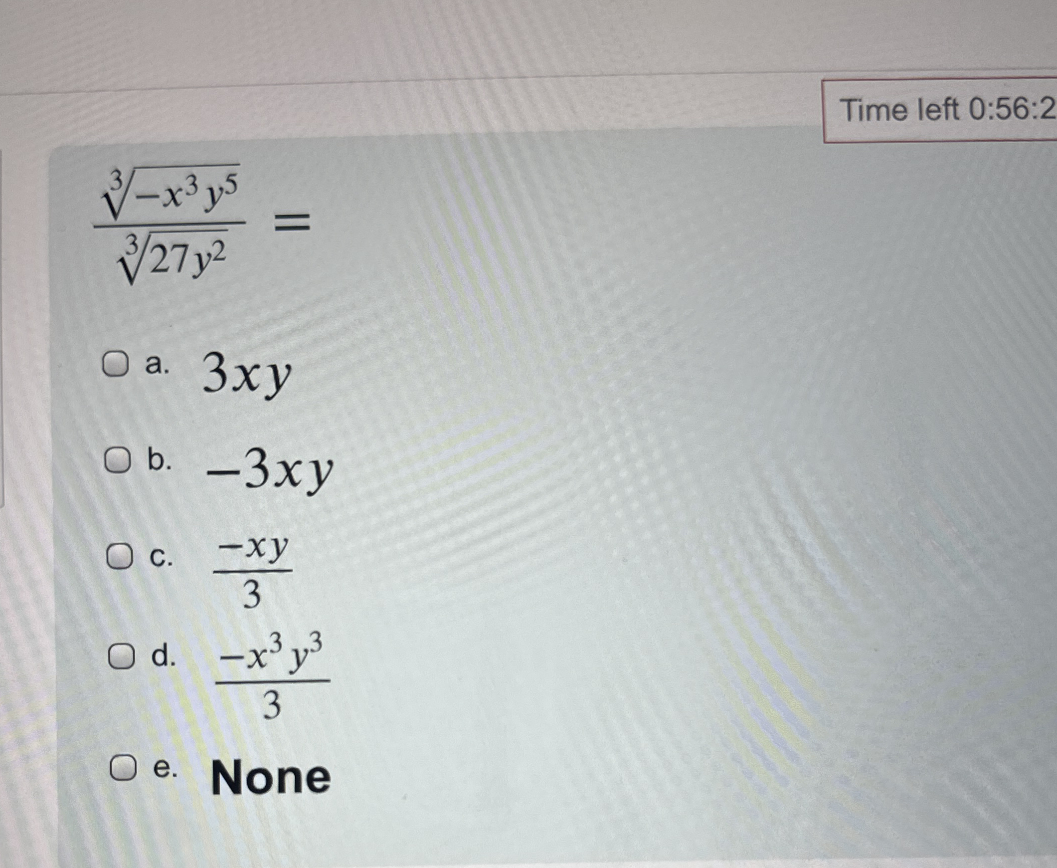 Time left 0 : 5 6 : 2 - x 3 y 5 3 2 7 y 2 3 = a .