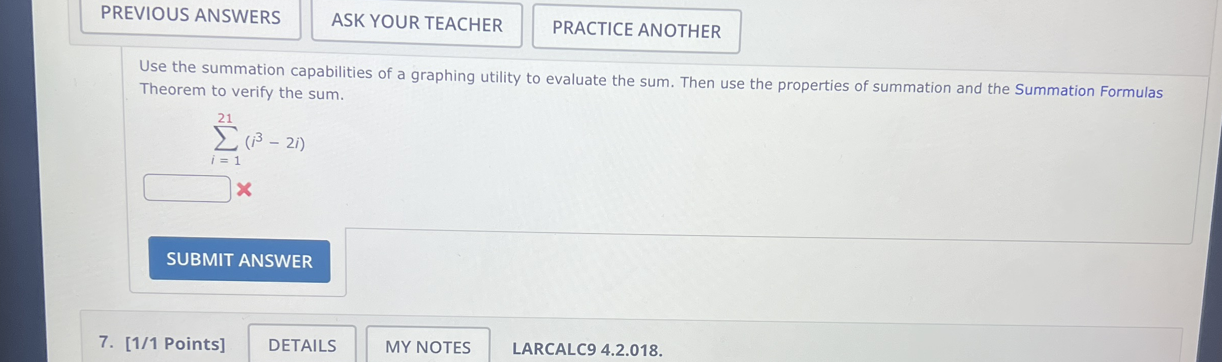 PREVIOUS ANSWERS Use the summation capabilities