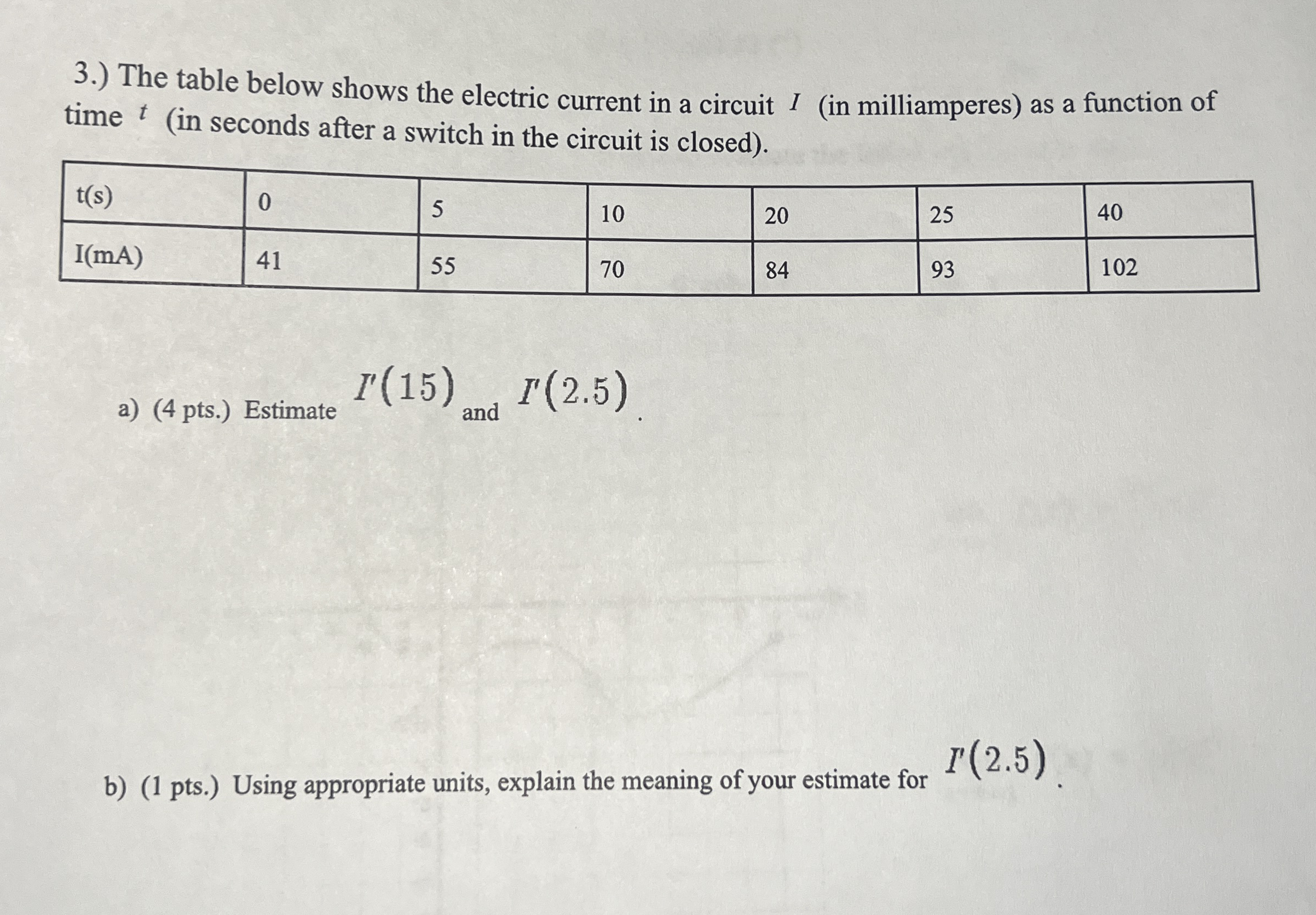 3 . ) The table below shows the electric current