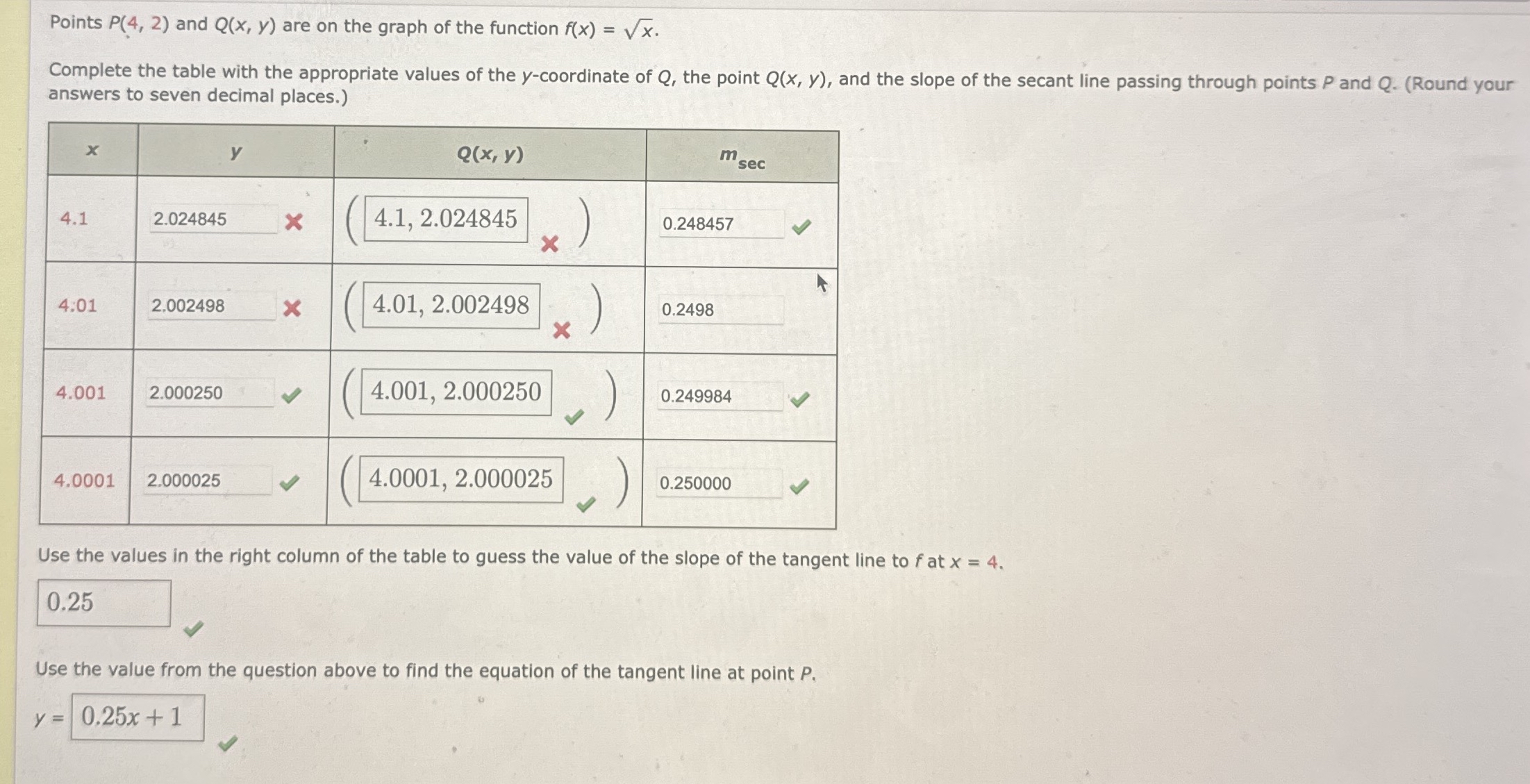 Points P ( 4 , 2 ) and Q ( x , y ) are on the