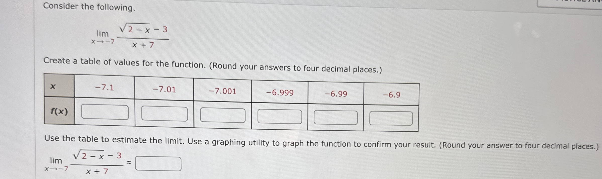 Consider the following. lim x - 7 2 - x 2 - 3 x +