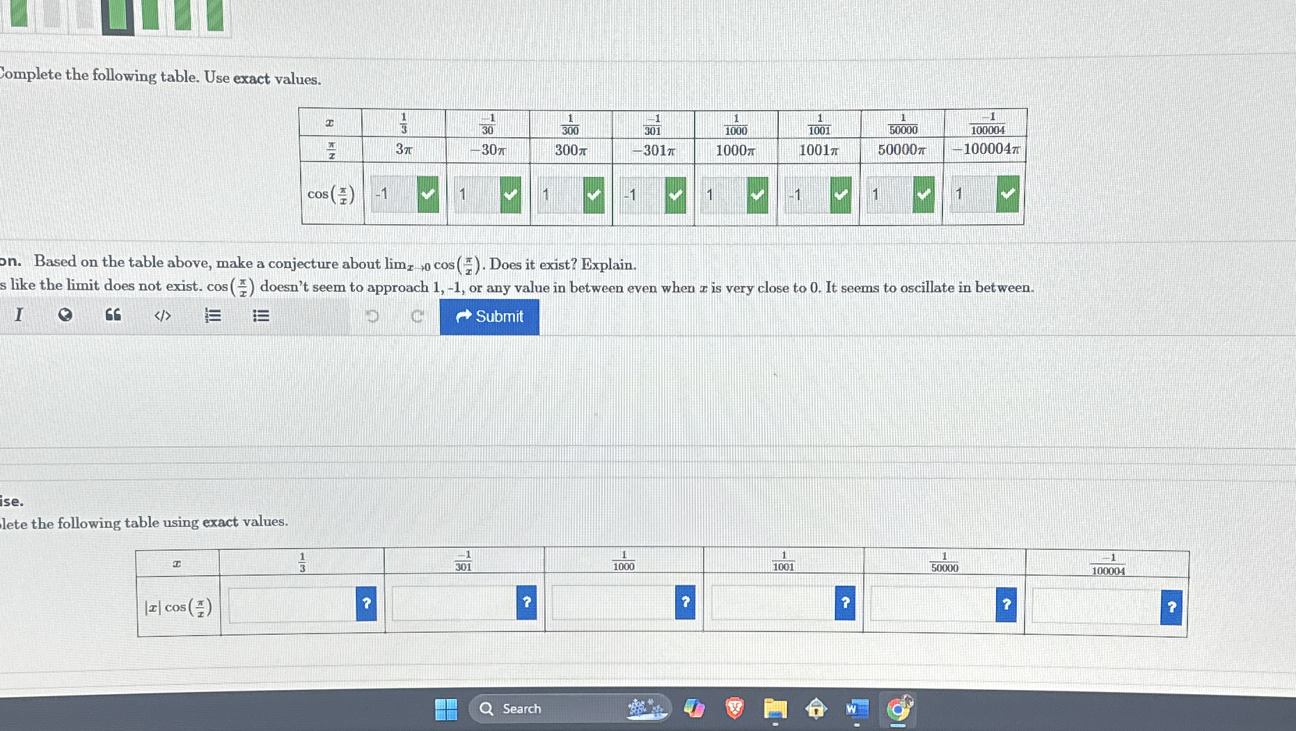 Complete the following table. Use exact values. \