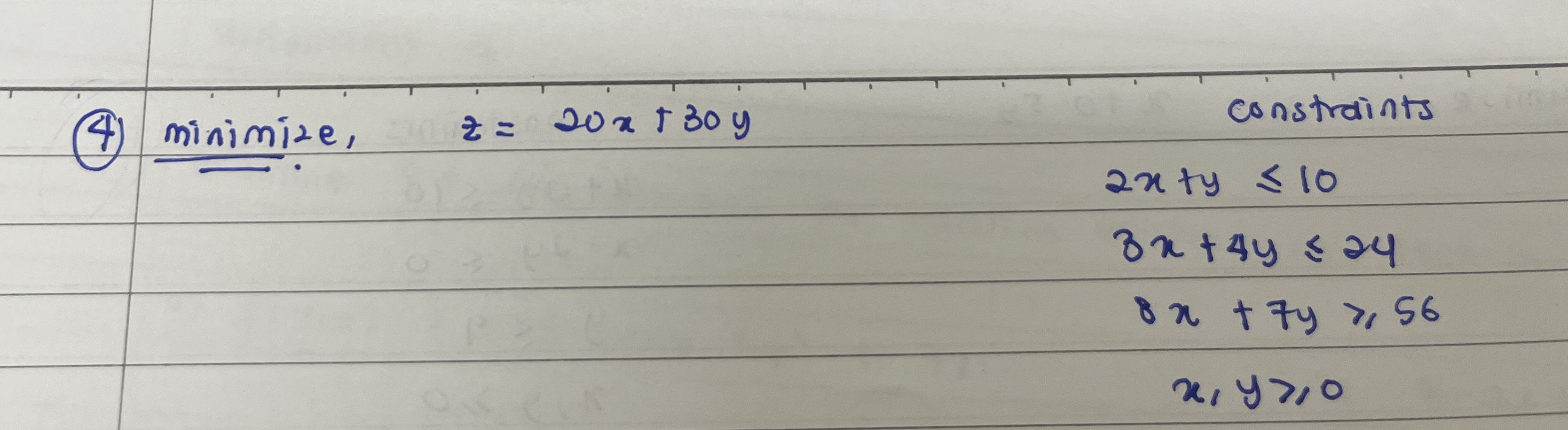 ( 4 ) minimize, z = 2 0 x + 3 0 y constraints 2 x