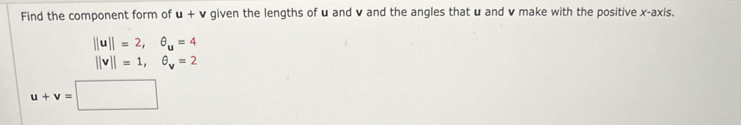 Find the component form of u + v given the