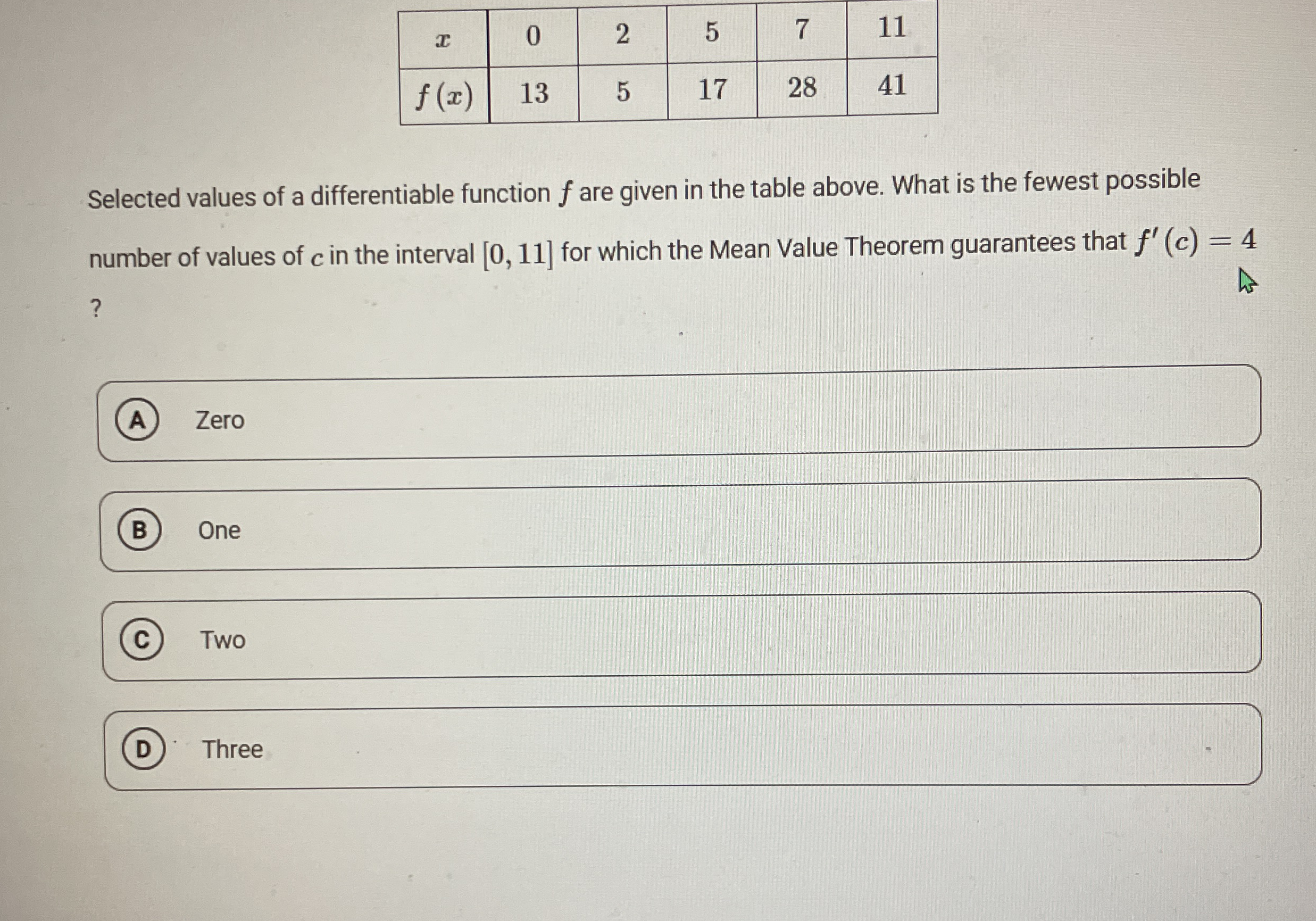 \ table [ [ x , 0 , 2 , 5 , 7 , 1 1 ] , [ f ( x )