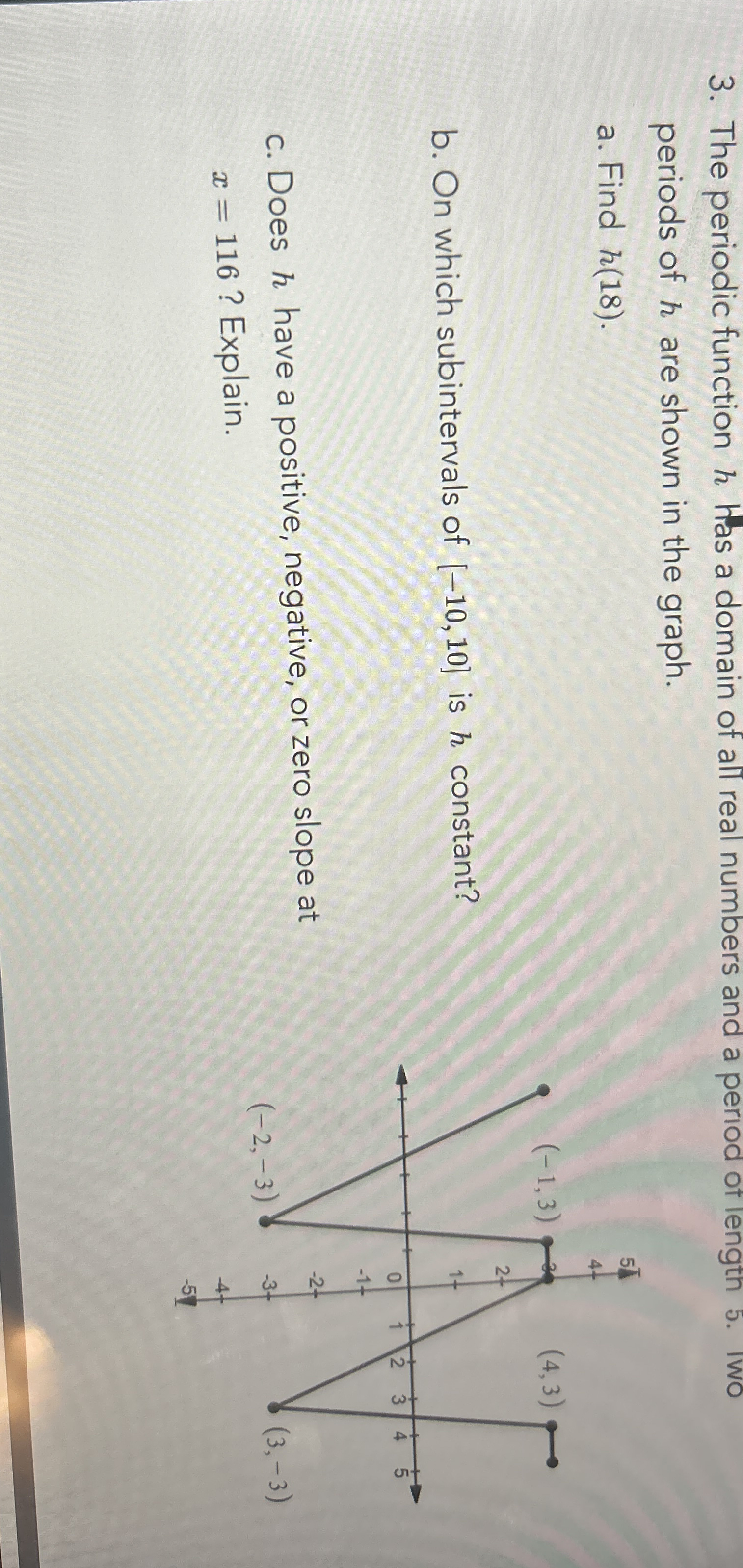 The periodic function h has a domain of all real