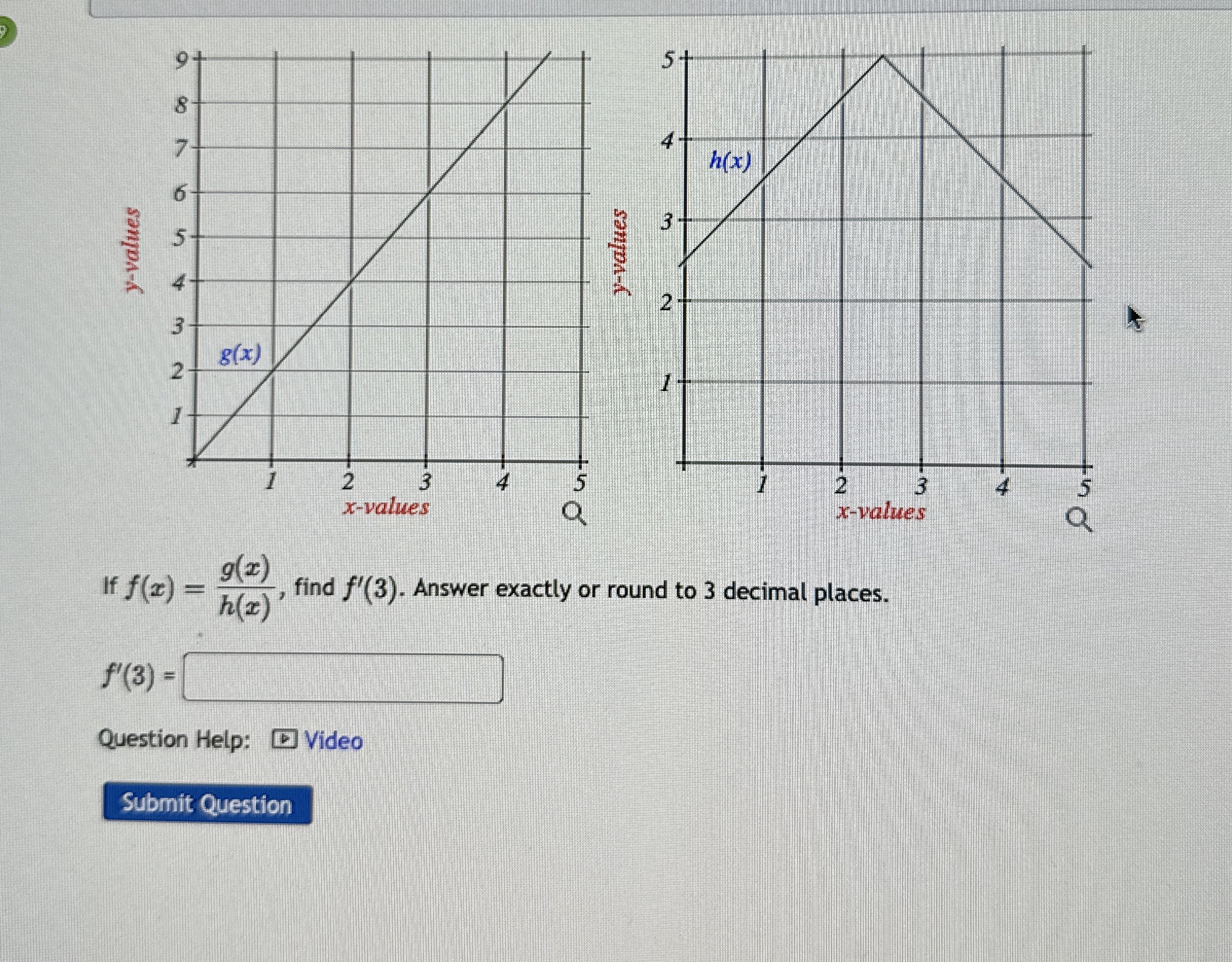 If f ( x ) = g ( x ) h ( x ) , find f ' ( 3 ) .