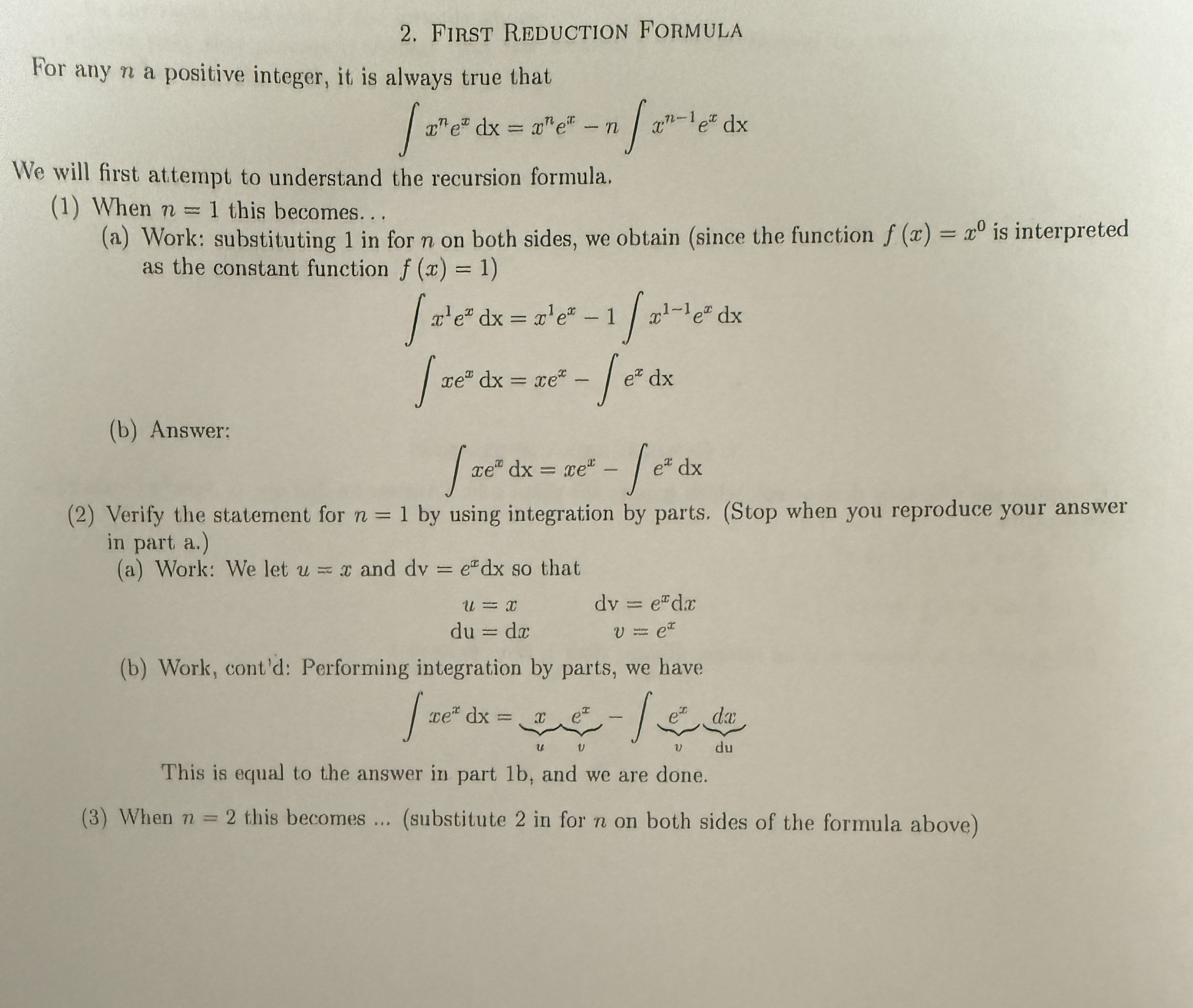 First Reduction Formula For any n a positive