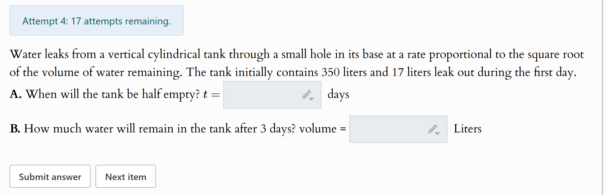 Water leaks from a vertical cylindrical tank
