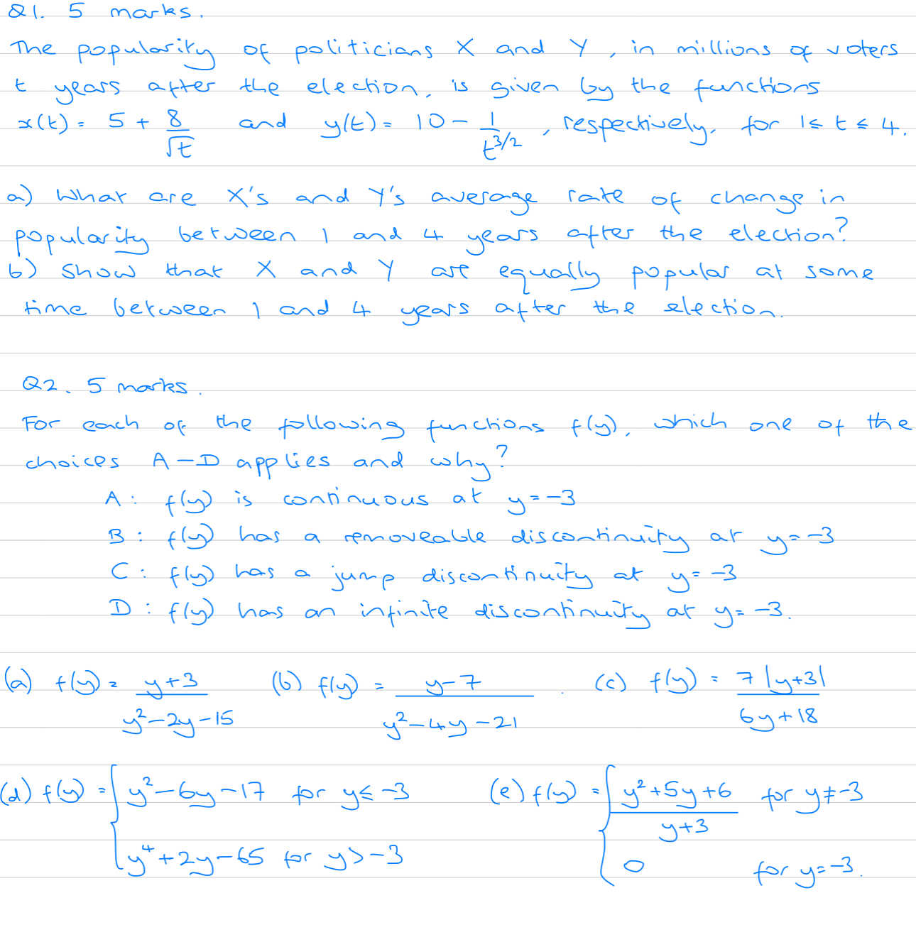 Q 1 . 5 marks. The popularity of politicians x