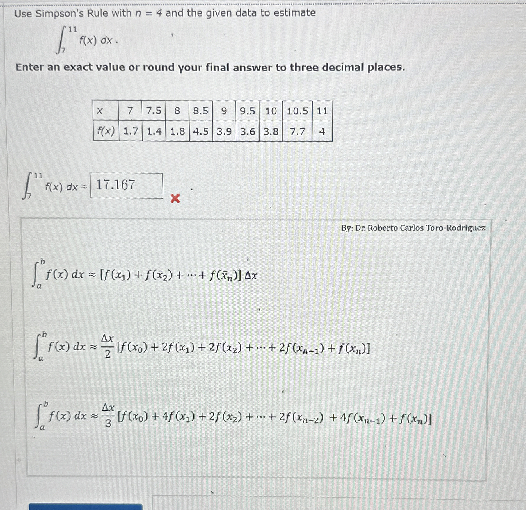 Use Simpson's Rule with n = 4 and the given data